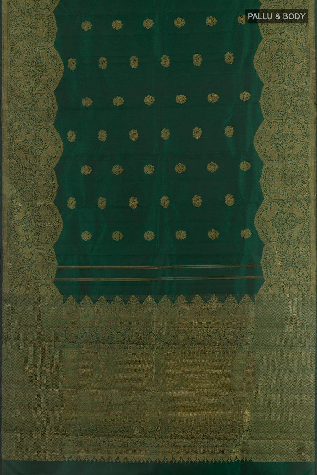 Flat view of Bottle Green Kanchipuram Silk Saree with Zari Butta on the body and Fancy Border. 
