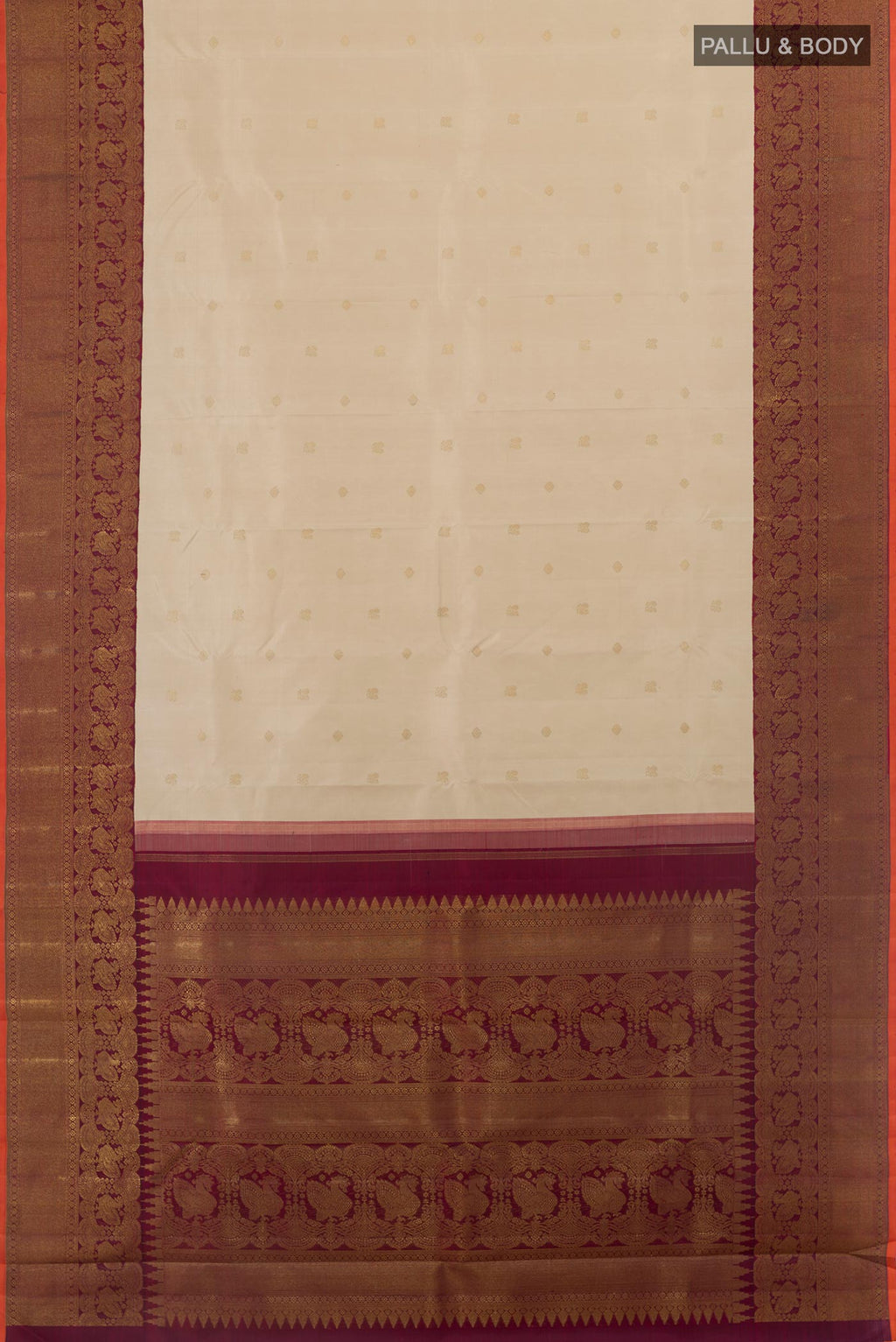 Flat view of Off White Kanchipuram Silk Saree with Zari Butta on the body and Zari Border. 