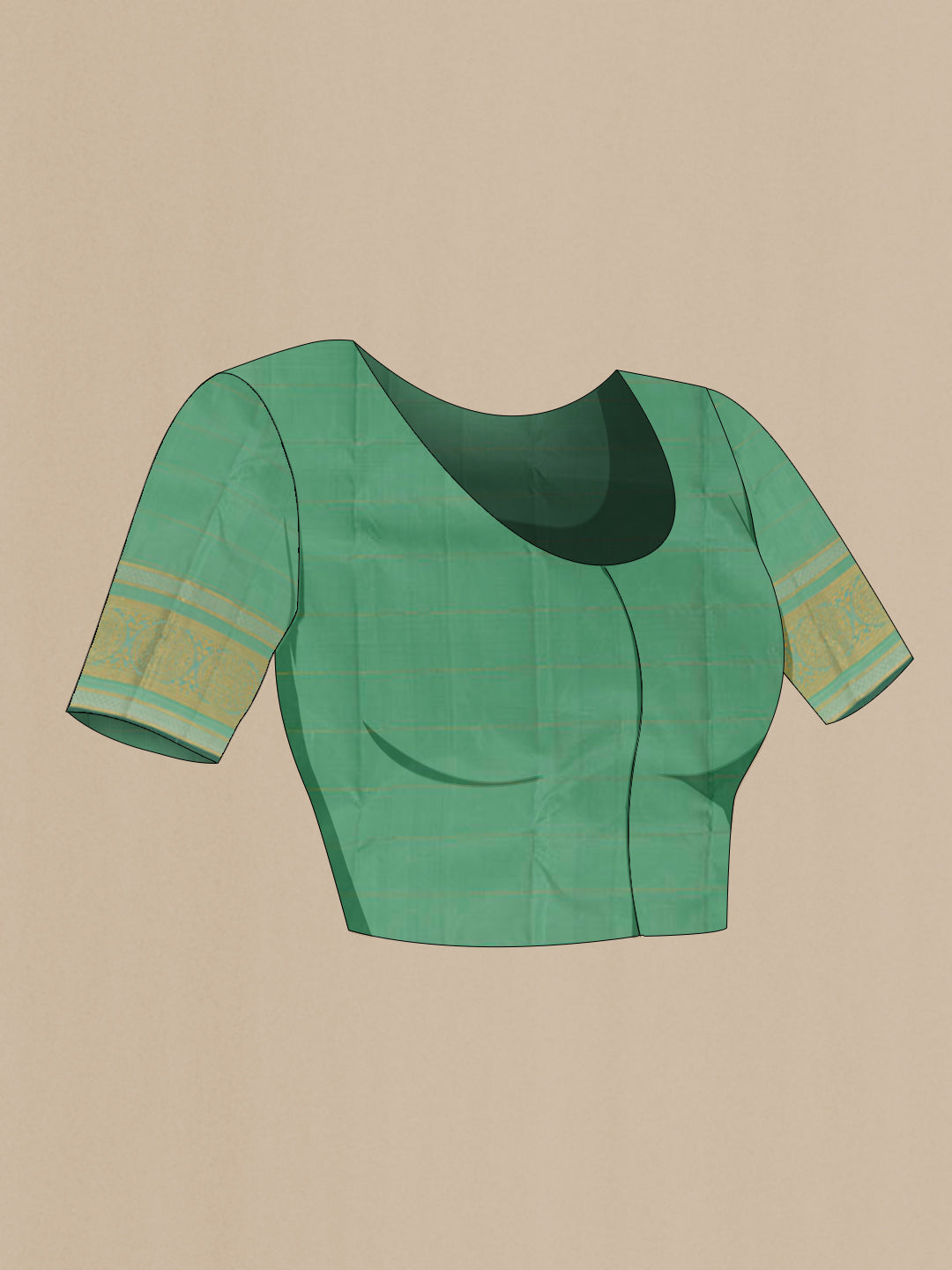Close up image of the blouse of Light Green Kanjivaram Silk Saree with Zari Butta on the body and Zari Border. 