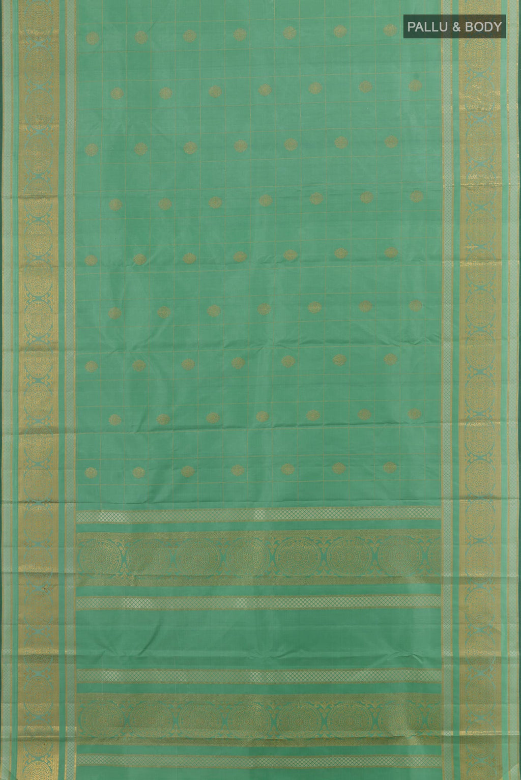 Flat view of Light Green Kanjivaram Silk Saree with Zari Butta on the body and Zari Border. 