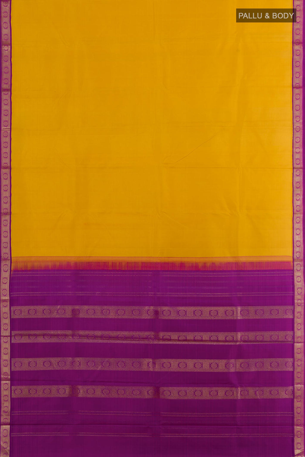 Flat view of Yellow Kanjivaram Silk Saree with Plain Body and Zari Border. 