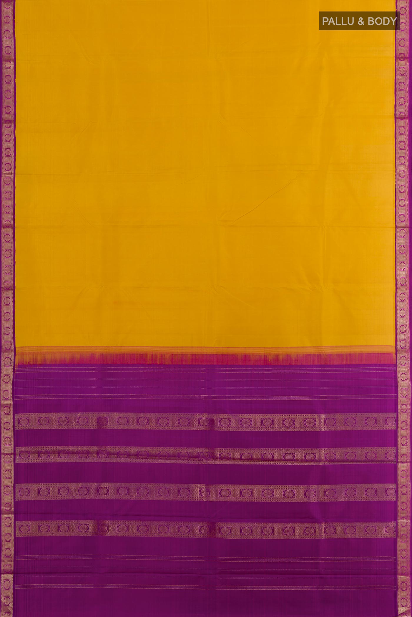 Flat view of Yellow Kanjivaram Silk Saree with Plain Body and Zari Border. 