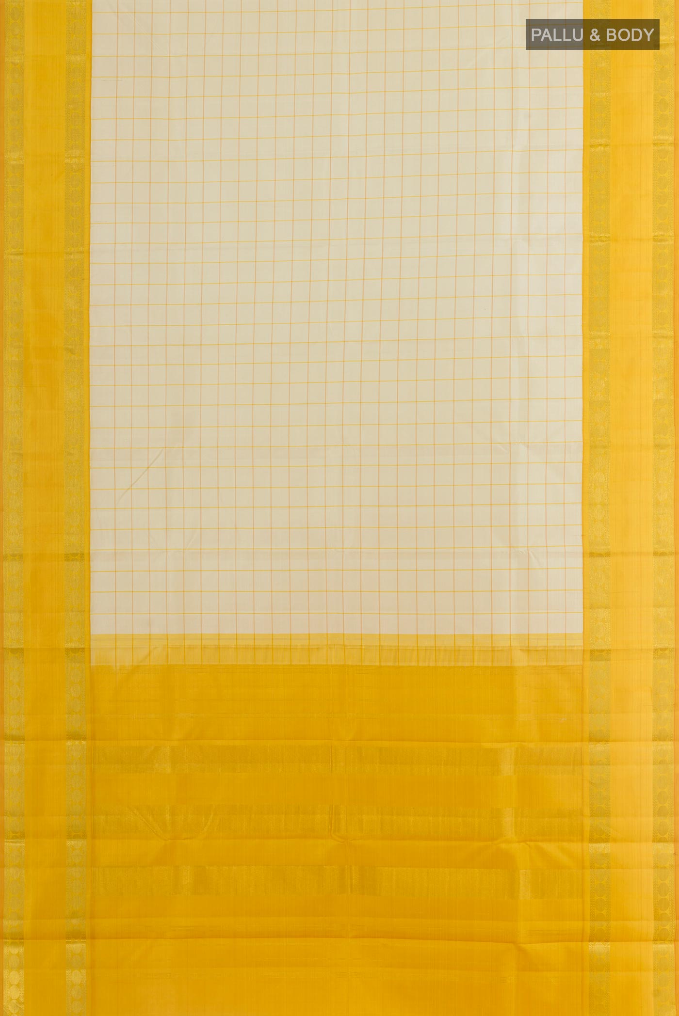 Flat view of Off White Kanjivaram Silk Saree with Checked design on the body and Zari Border. 