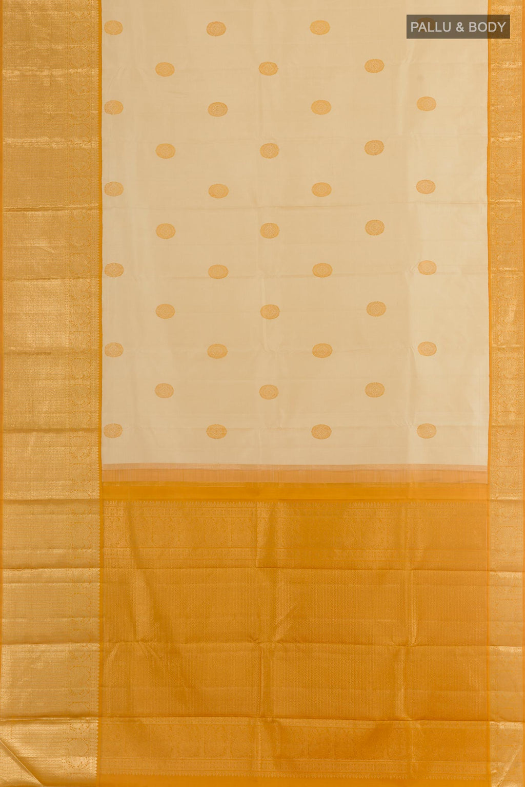 Flat view of Cream Kanjivaram Silk Saree with Thread Butta on the body and Zari Border. 