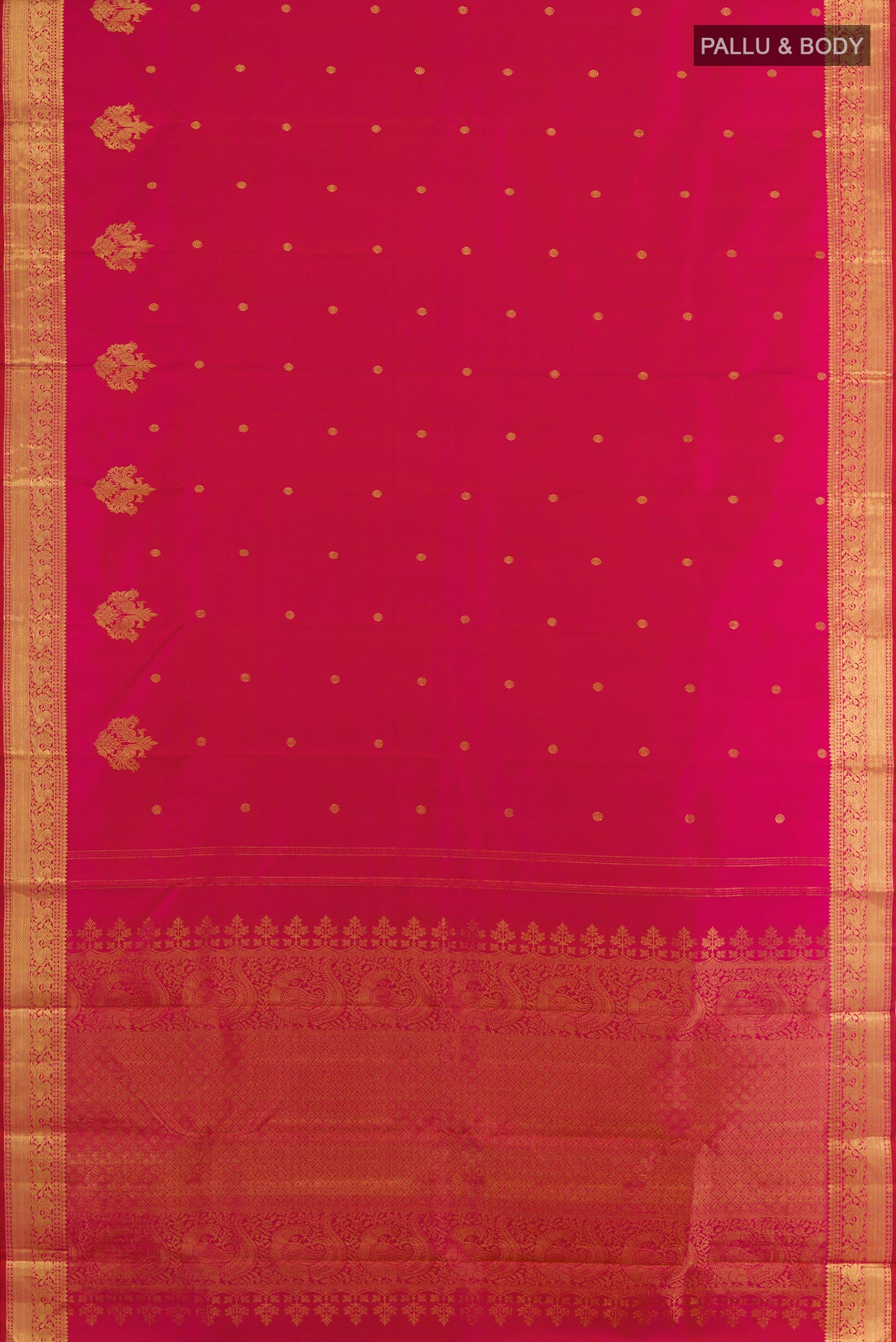 Flat view of Pink Kanjivaram Silk Saree with Zari Butta on the body and Zari Border. 