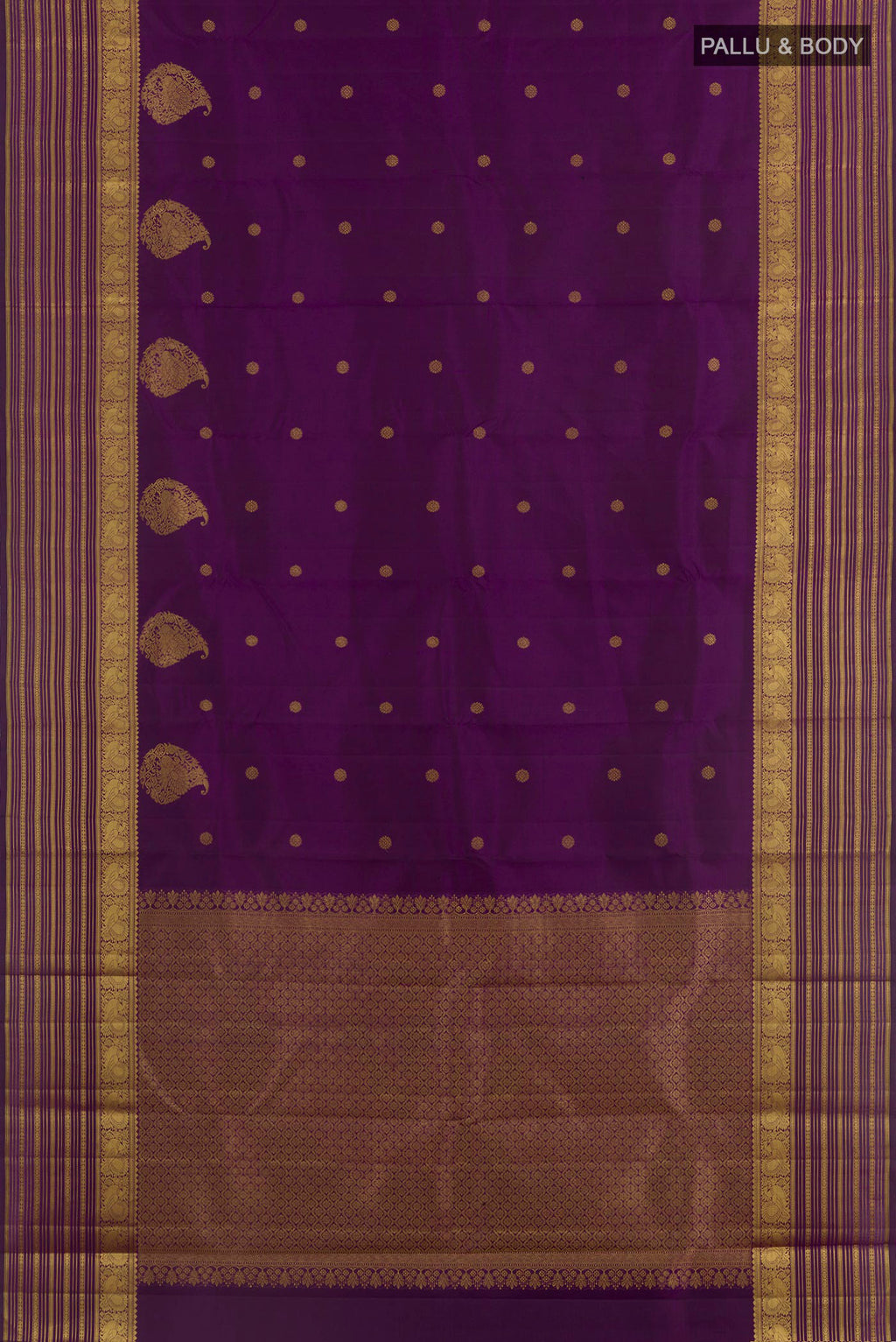 Flat view of Purple Kanjivaram Silk Saree with Zari Butta on the body and Zari Border. 