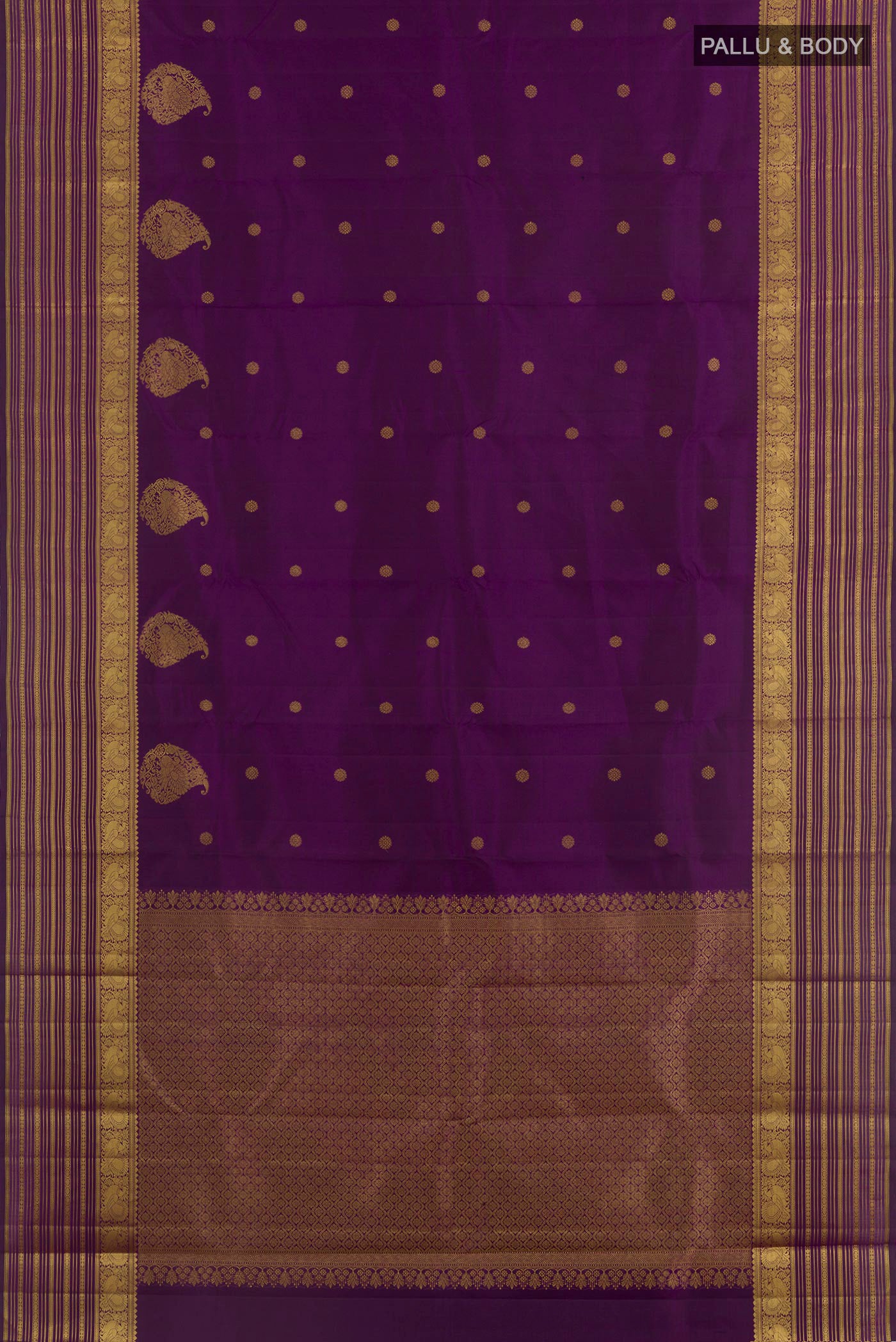 Flat view of Purple Kanjivaram Silk Saree with Zari Butta on the body and Zari Border. 