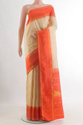 Pure Silk Cream Kanjivaram Saree with Checked design on the body and Plain Border.  displayed on a mannequin