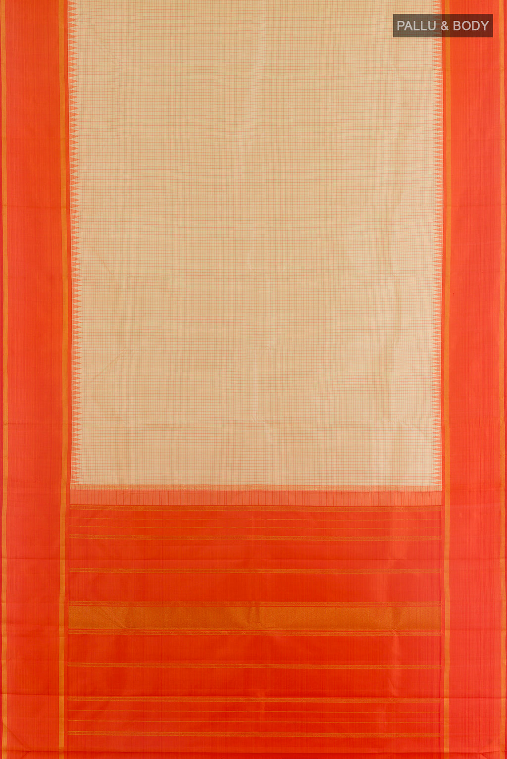 Flat view of Pure Silk Cream Kanjivaram Saree with Checked design on the body and Plain Border. 