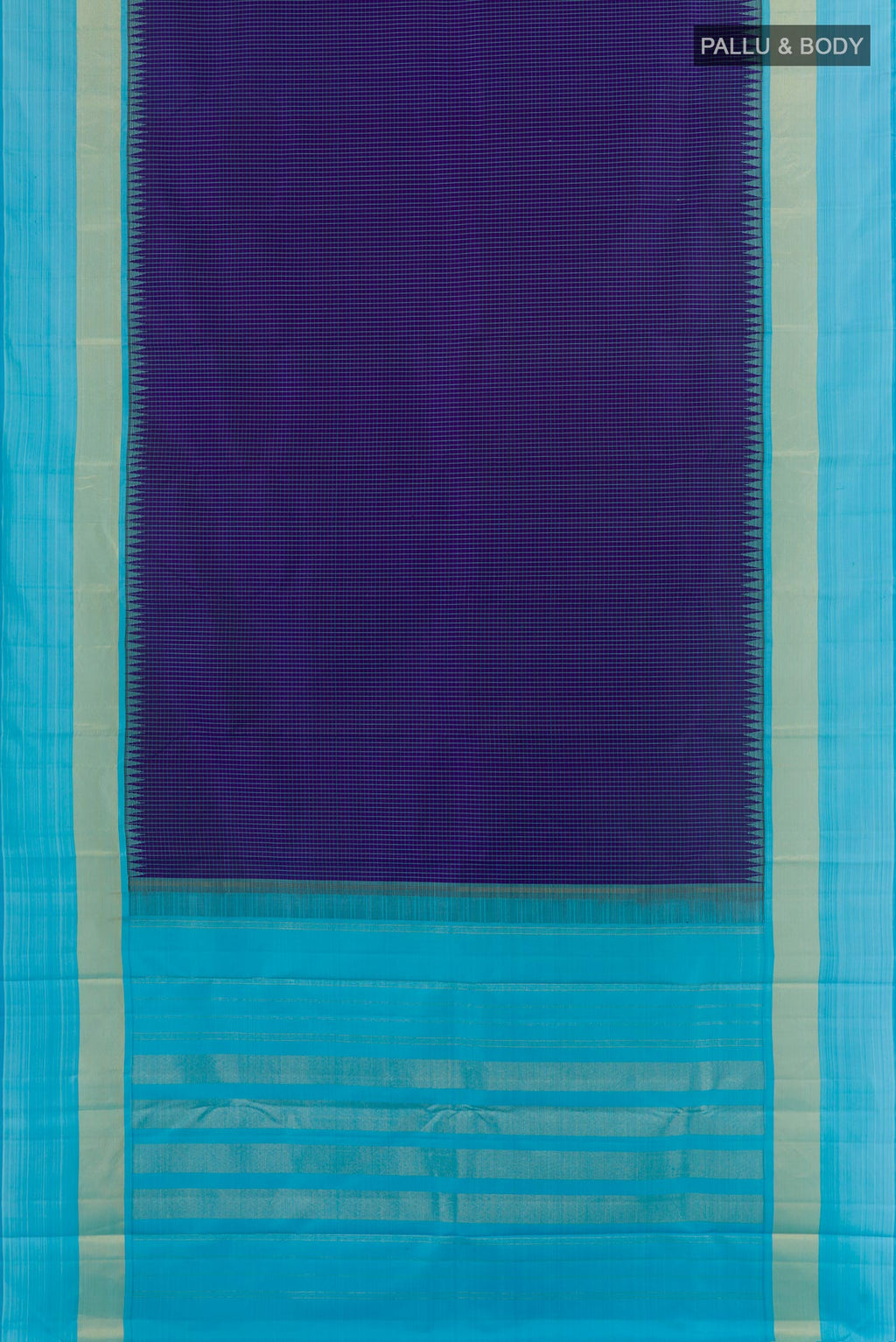 Flat view of Blue Kanjivaram Silk Saree with Checked design on the body and Zari Border. 
