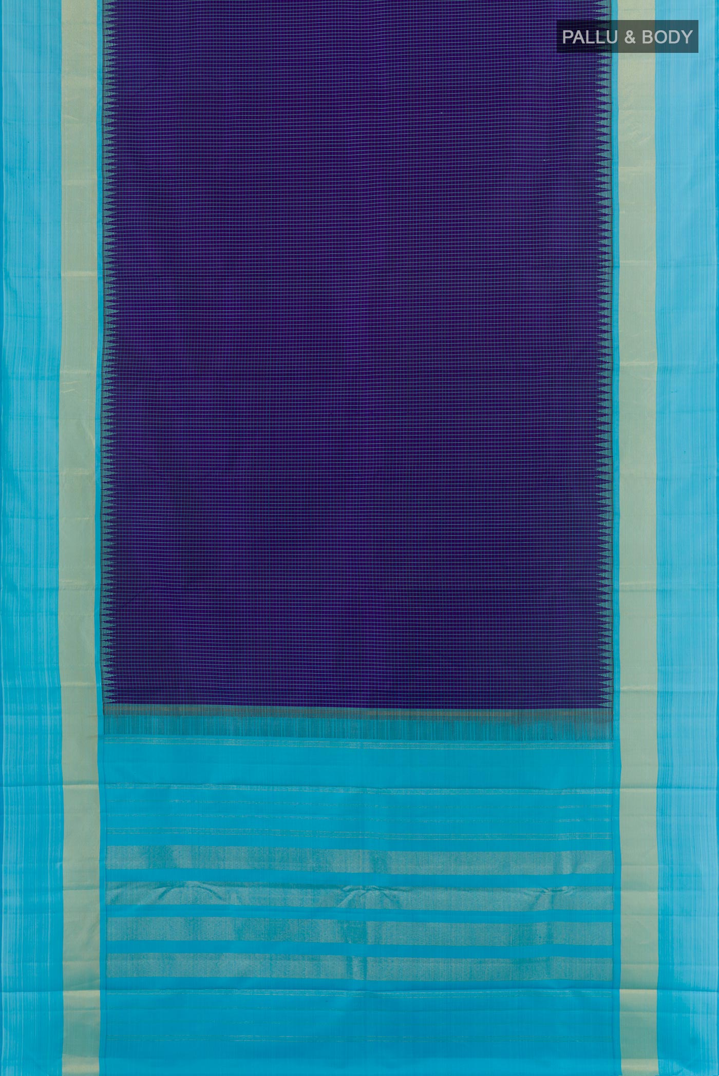 Flat view of Blue Kanjivaram Silk Saree with Checked design on the body and Zari Border. 