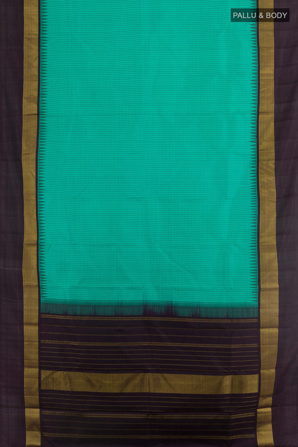 Flat view of Sea Green Kanjivaram Silk Saree with Checked design on the body and Zari Border. 