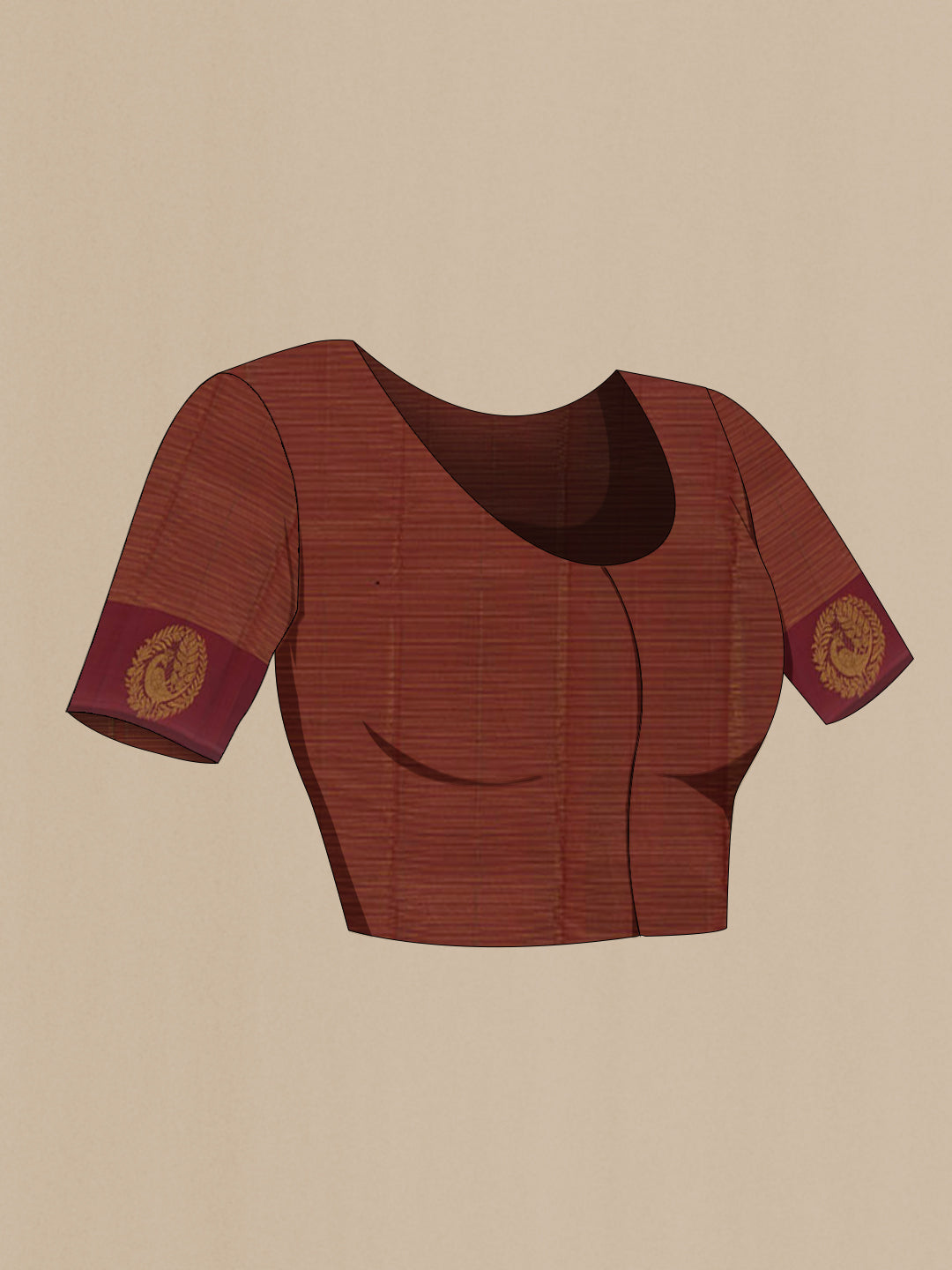 Close up image of the blouse of Maroon Kanchipuram Silk Saree with Zari Butta on the body and Zari Border. 