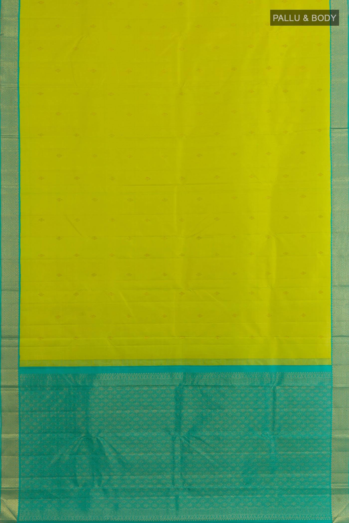 Flat view of Parrot Green Kanjivaram Silk Saree with Zari Butta on the body and Zari Border. 
