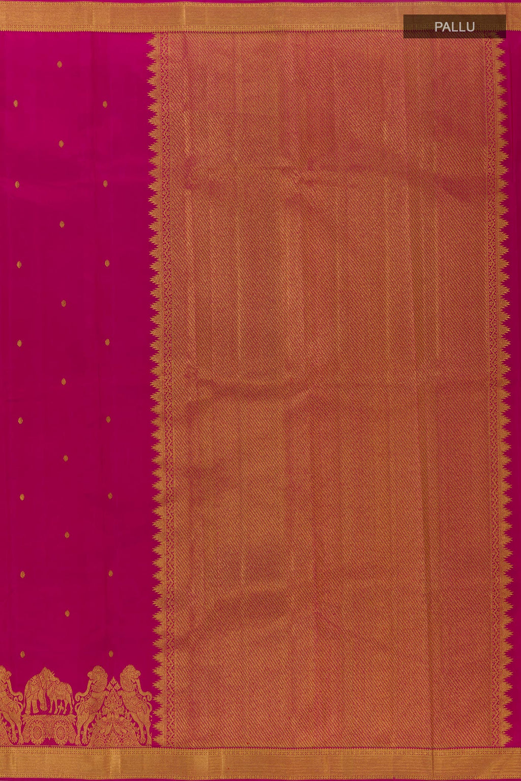 Close up image of the pallu of Rani Pink Kanjivaram Silk Saree with Zari Butta on the body and Zari Border. 