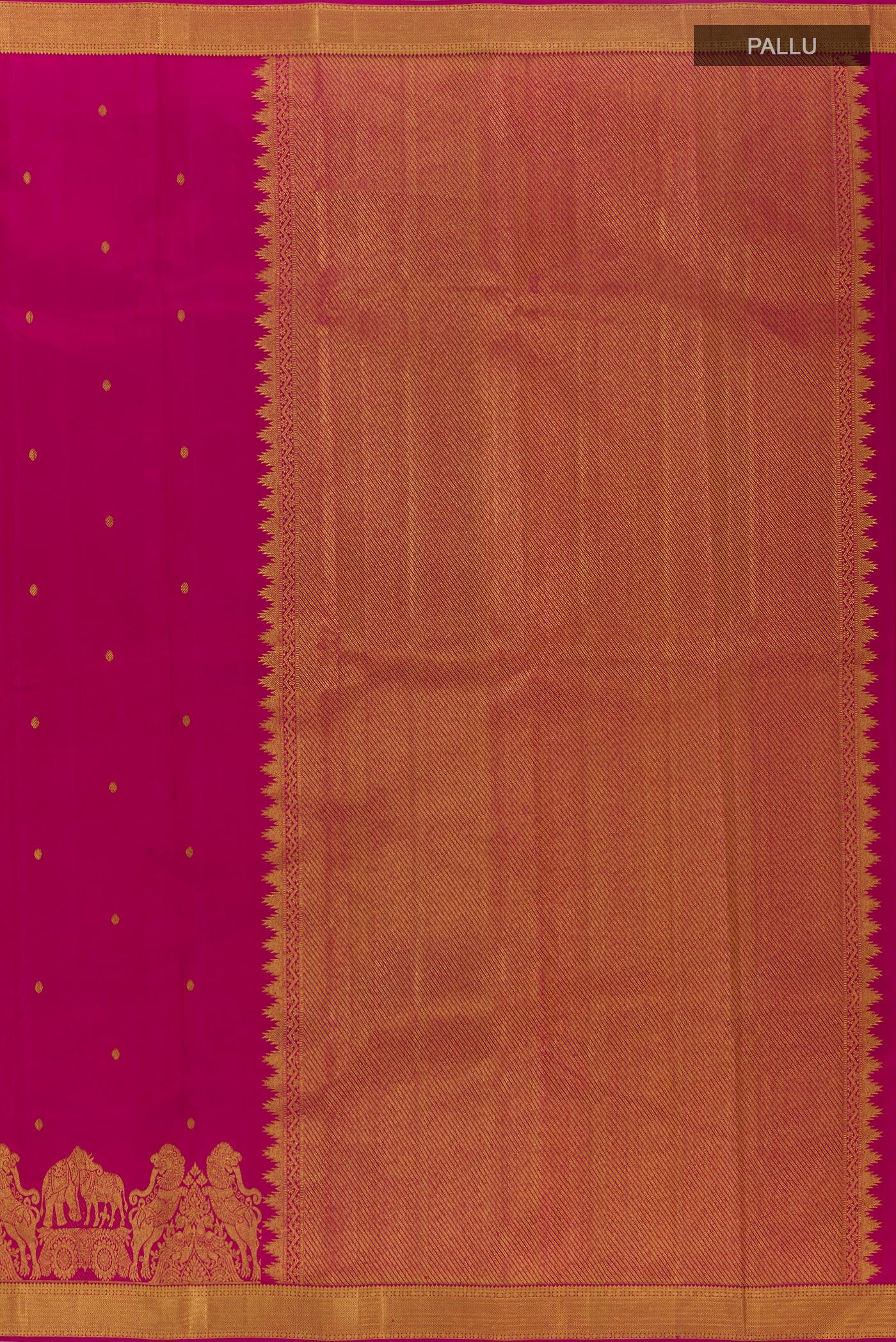 Close up image of the pallu of Rani Pink Kanjivaram Silk Saree with Zari Butta on the body and Zari Border. 