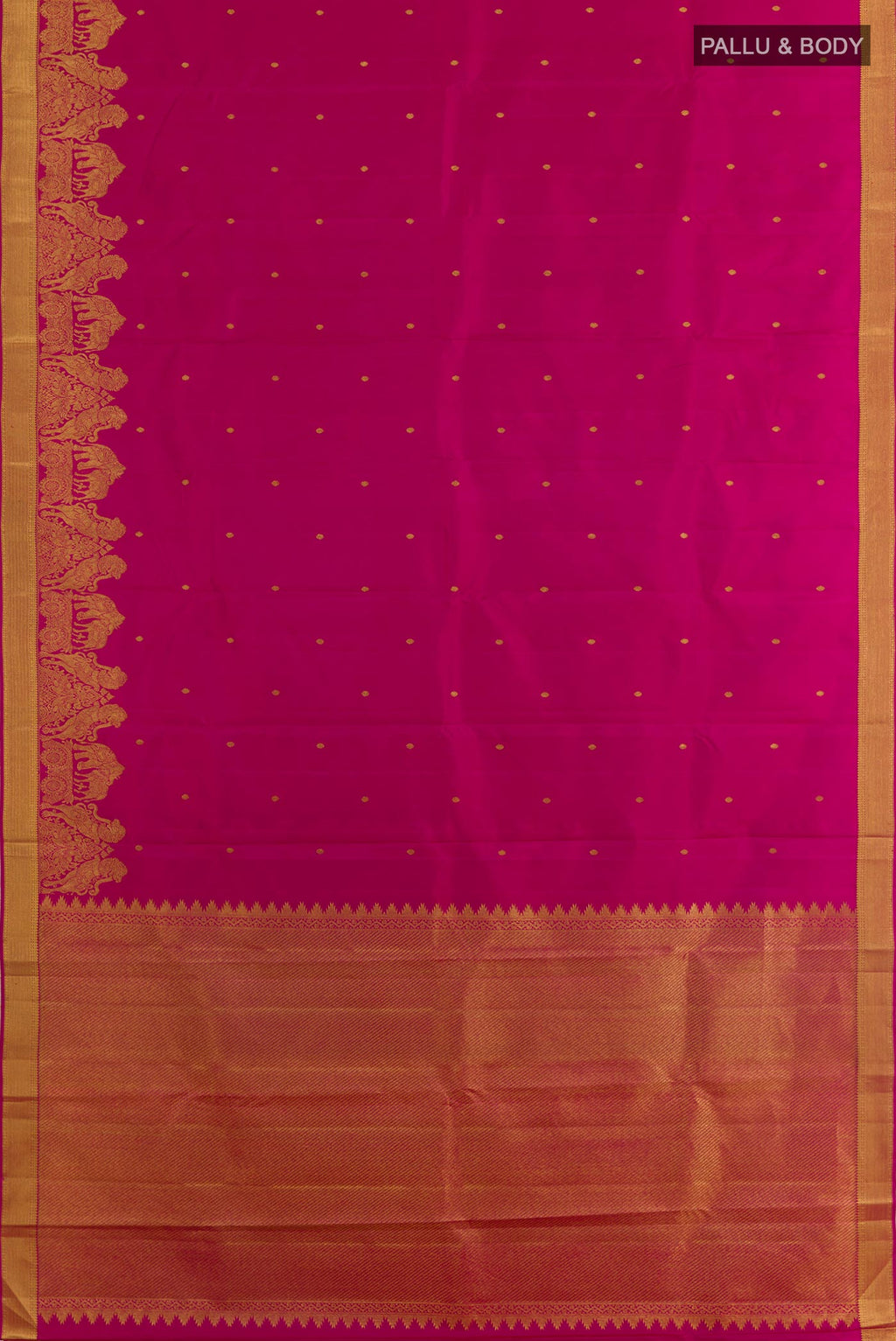 Flat view of Rani Pink Kanjivaram Silk Saree with Zari Butta on the body and Zari Border. 