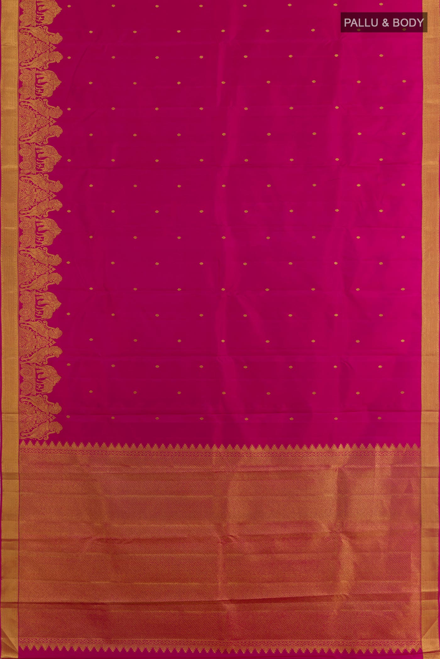 Flat view of Rani Pink Kanjivaram Silk Saree with Zari Butta on the body and Zari Border. 