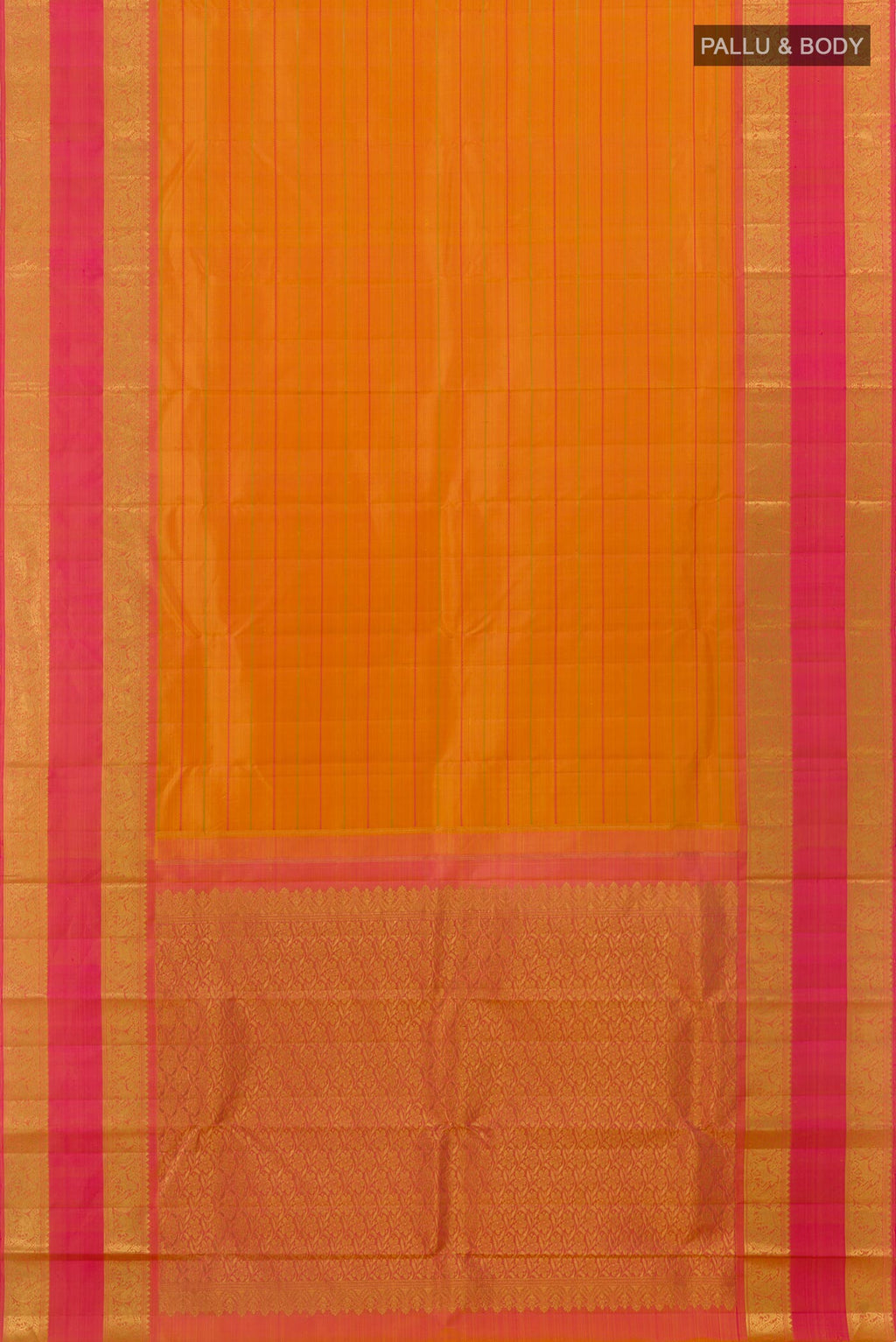 Flat view of Yellow Kanjivaram Silk Saree with Stripes on the body and Zari Border. 