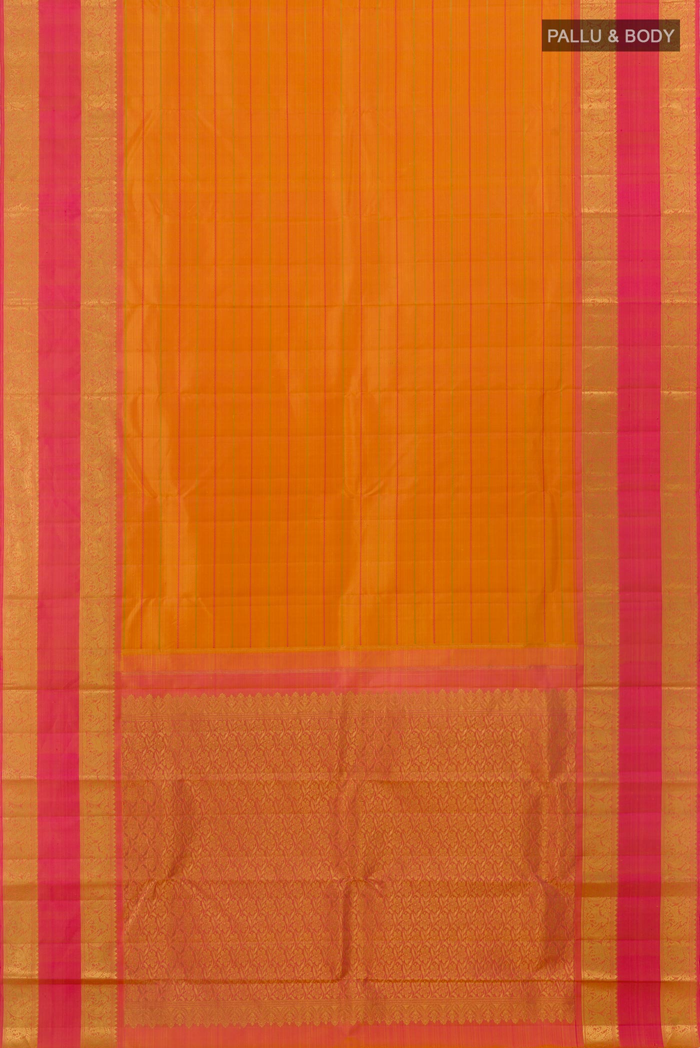 Flat view of Yellow Kanjivaram Silk Saree with Stripes on the body and Zari Border. 