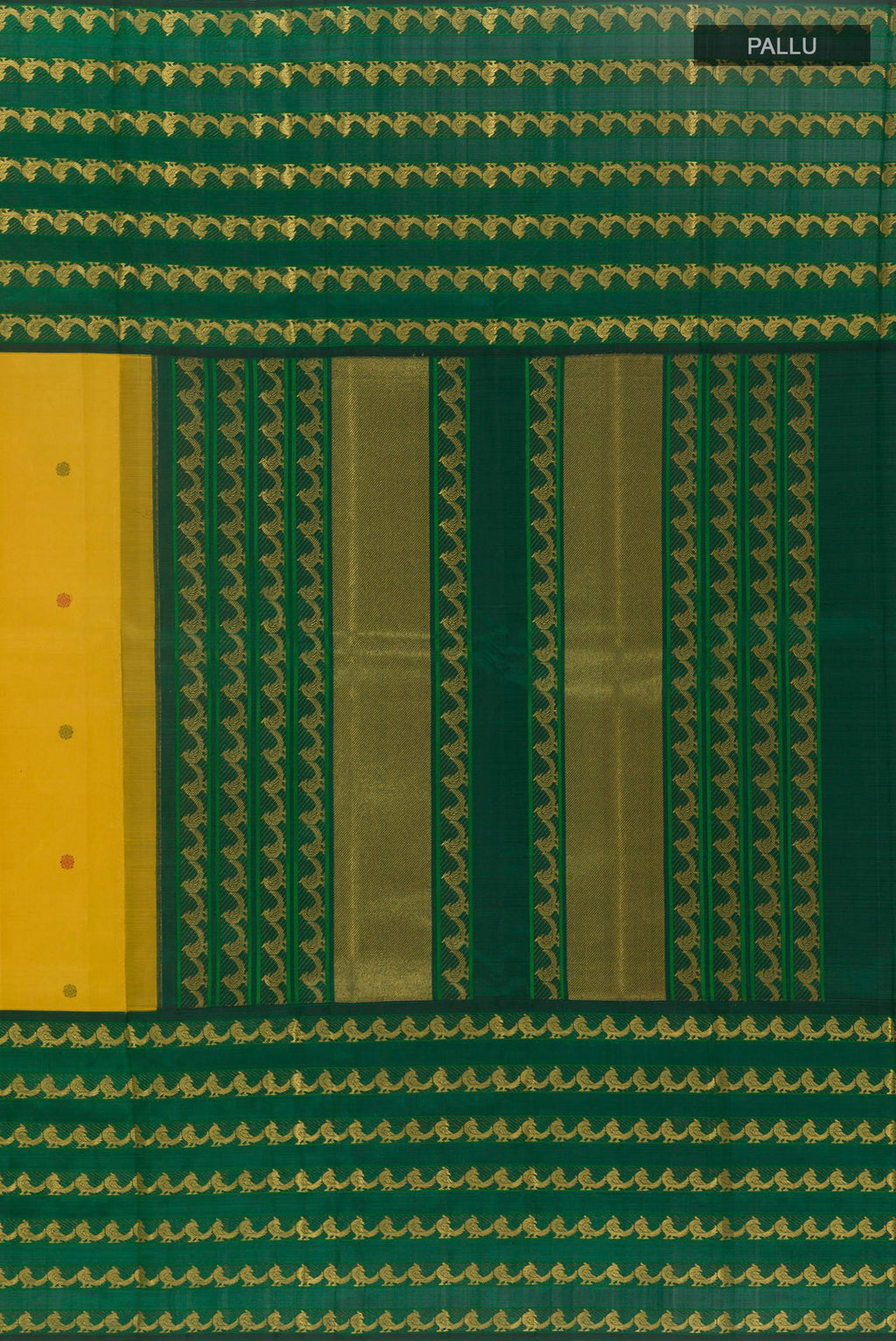 Close up image of the pallu of Yellow Kanjivaram Silk Saree with Thread Butta on the body and Fancy Border. 