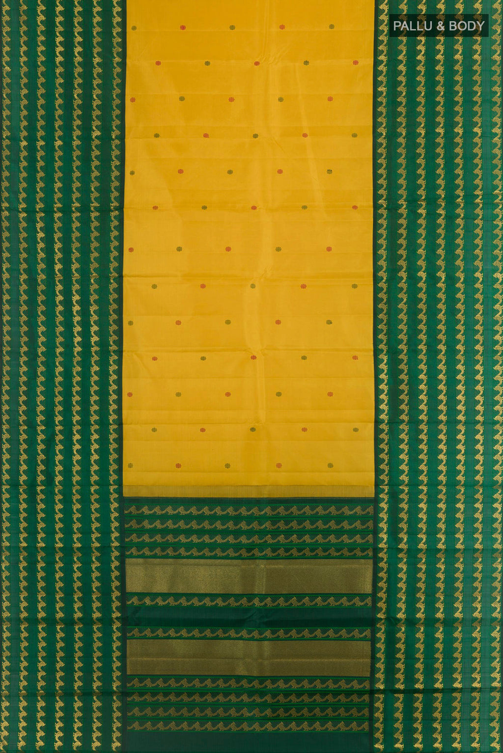 Flat view of Yellow Kanjivaram Silk Saree with Thread Butta on the body and Fancy Border. 