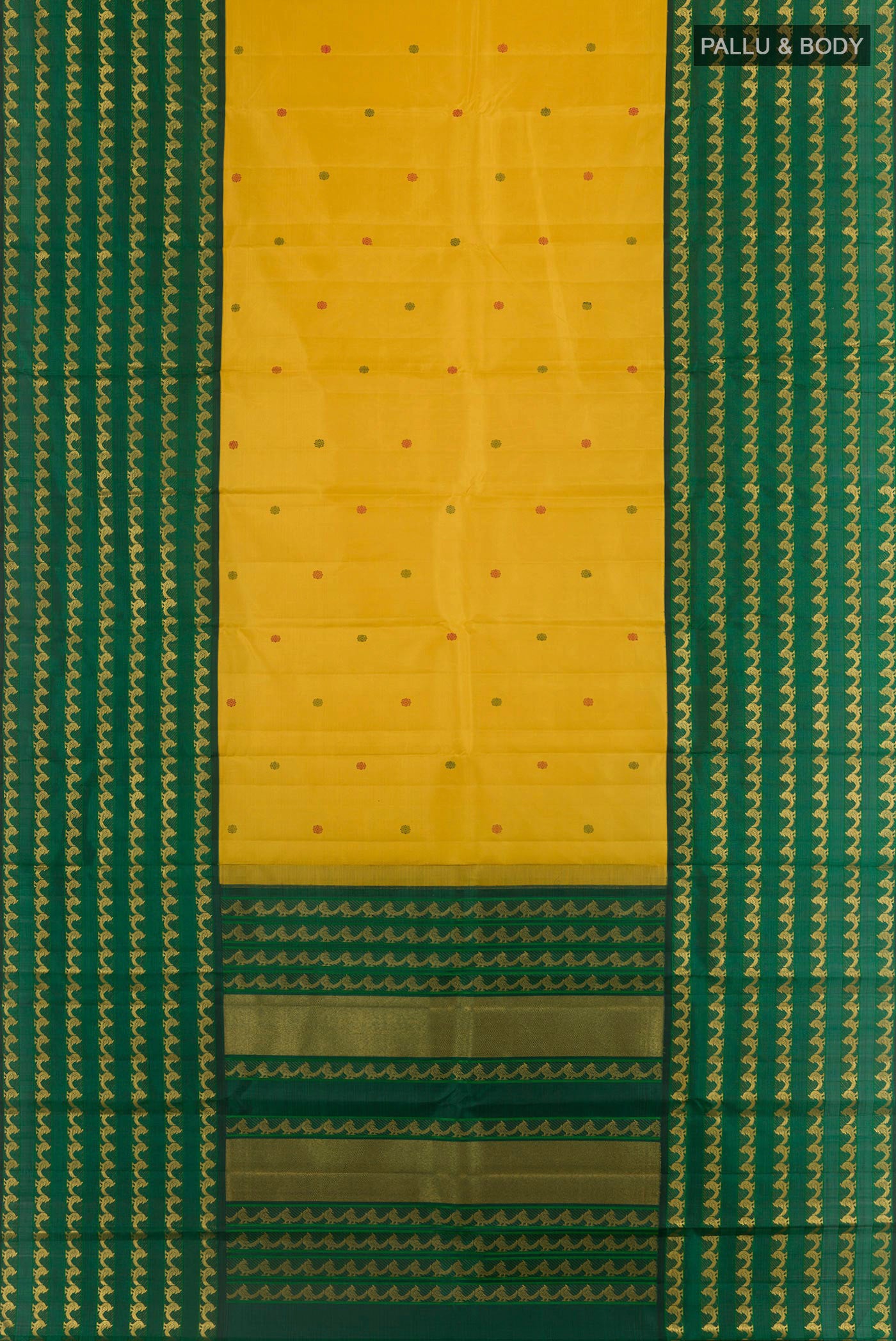 Flat view of Yellow Kanjivaram Silk Saree with Thread Butta on the body and Fancy Border. 