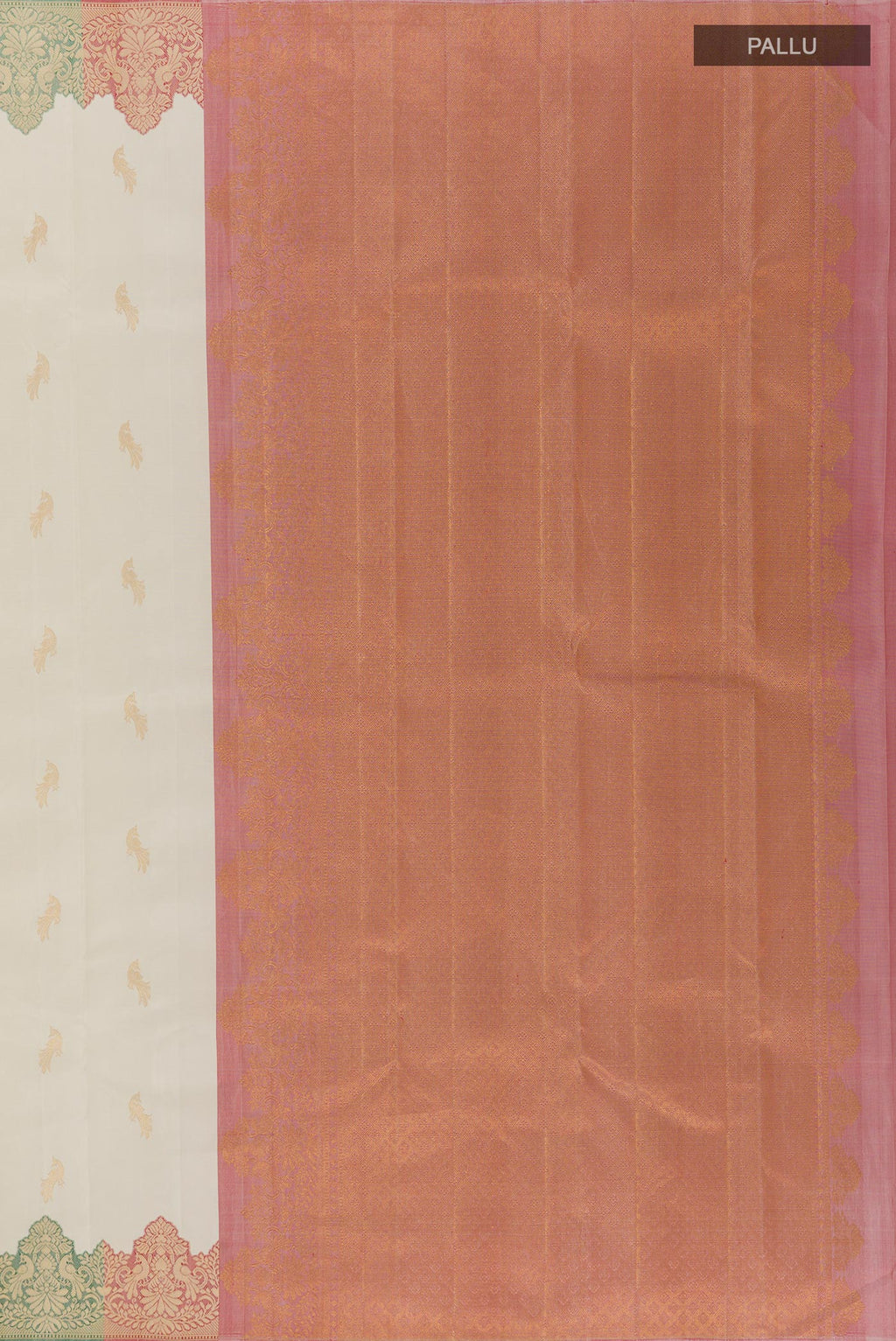 Close up image of the pallu of Off White Kanchipuram Silk Saree with Zari Butta on the body and Fancy Border. 