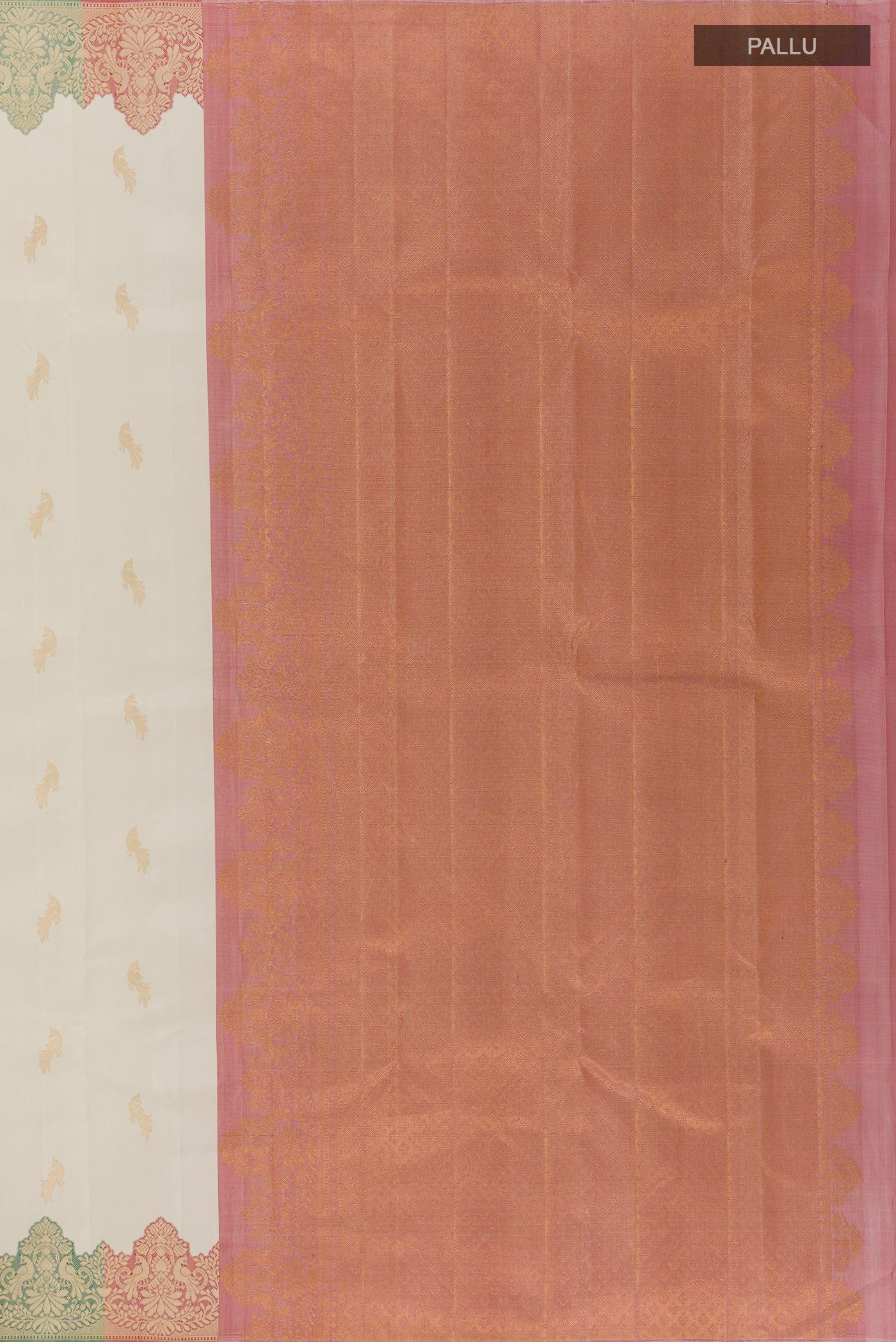 Close up image of the pallu of Off White Kanchipuram Silk Saree with Zari Butta on the body and Fancy Border. 