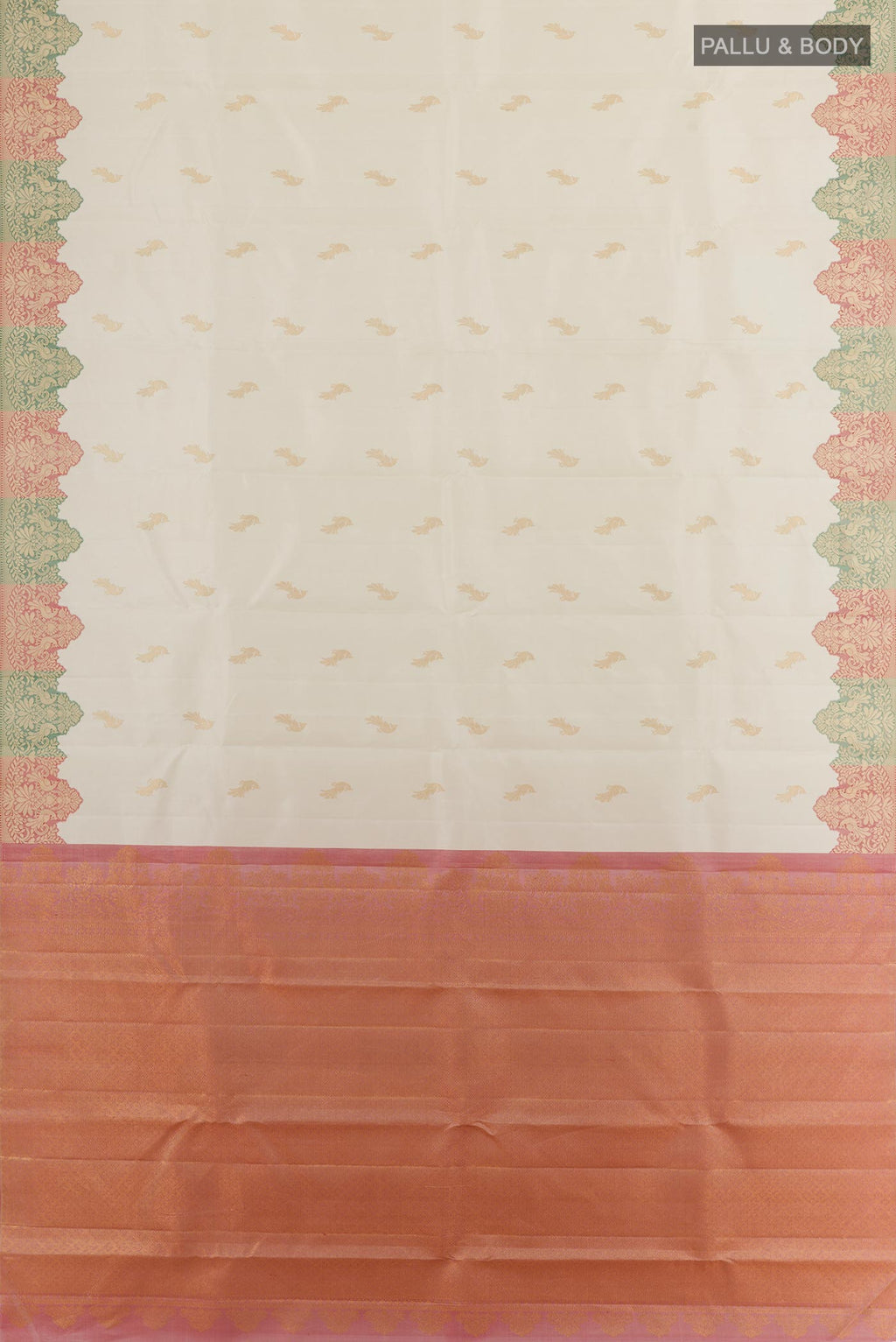 Flat view of Off White Kanchipuram Silk Saree with Zari Butta on the body and Fancy Border. 