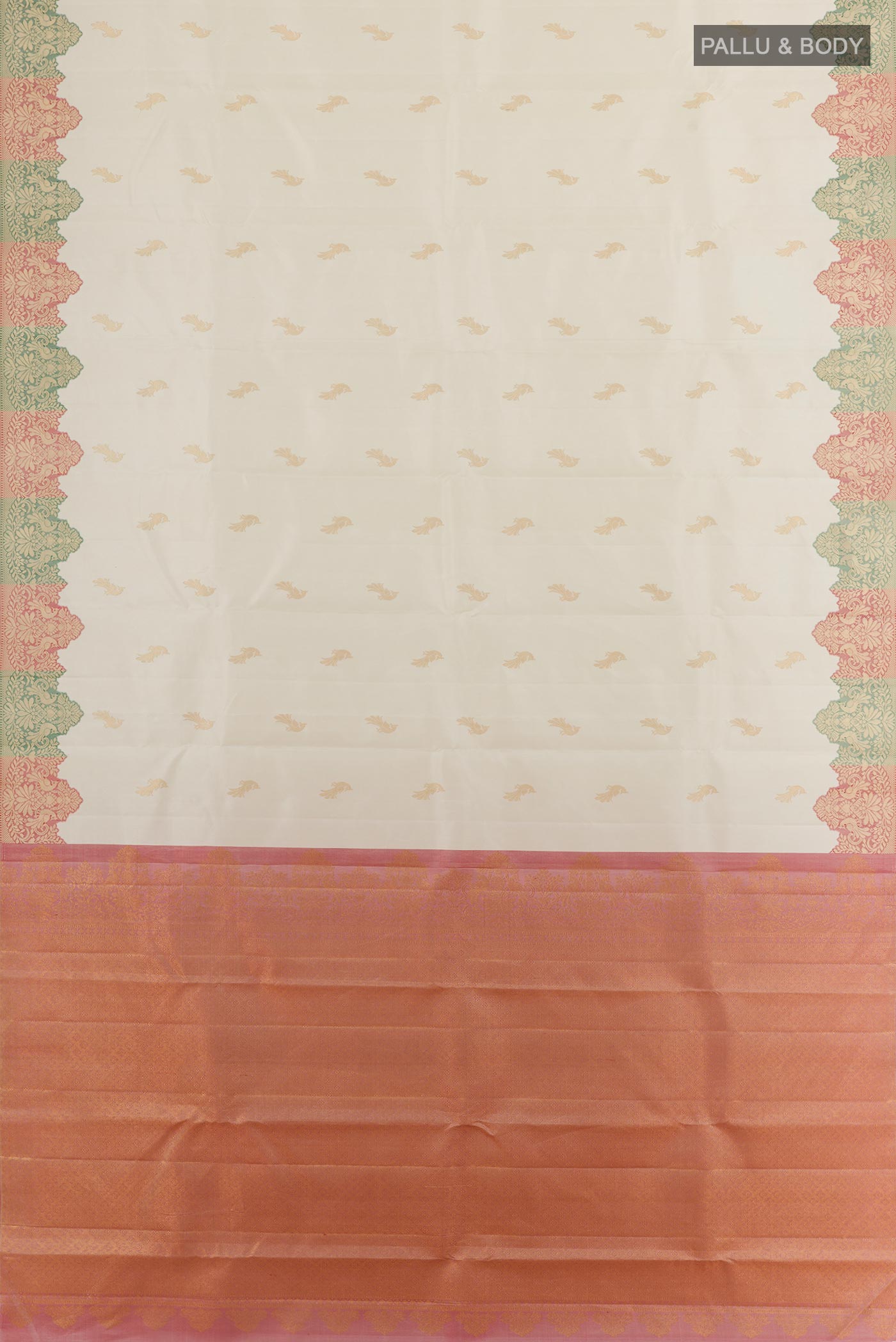 Flat view of Off White Kanchipuram Silk Saree with Zari Butta on the body and Fancy Border. 