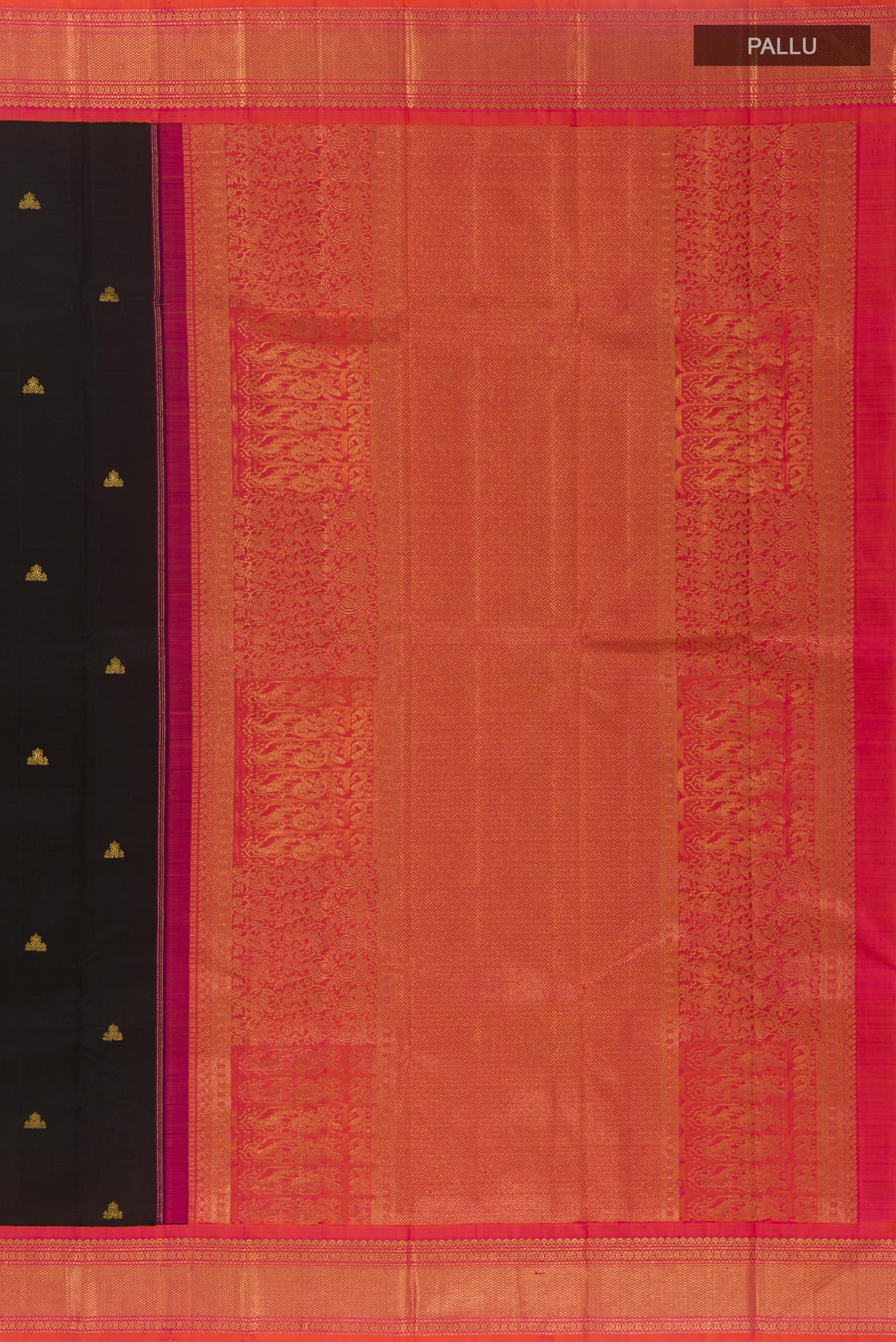 Close up image of the pallu of Black Kanjivaram Silk Saree with Zari Butta on the body and Zari Border. 