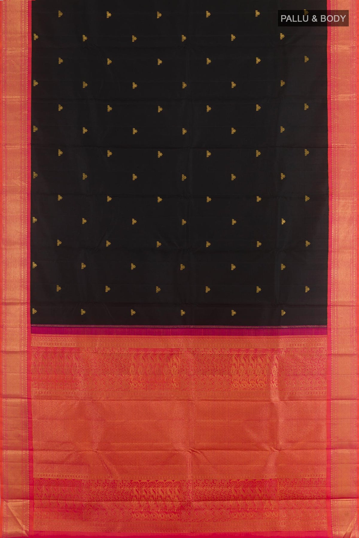 Flat view of Black Kanjivaram Silk Saree with Zari Butta on the body and Zari Border. 