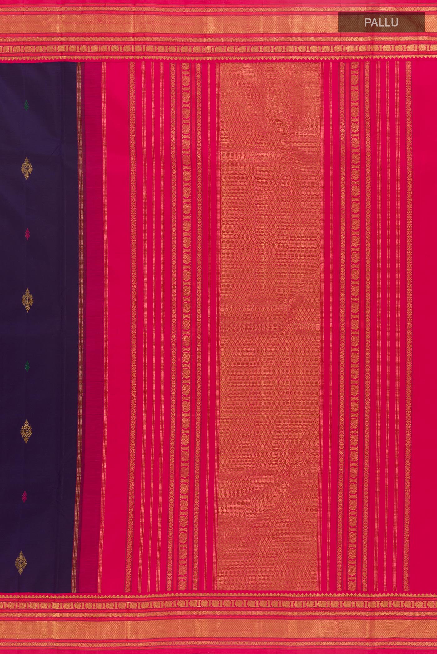 Close up image of the pallu of Navy Blue Kanjivaram Silk Saree with Zari And Thread Butta on the body and Zari Border. 