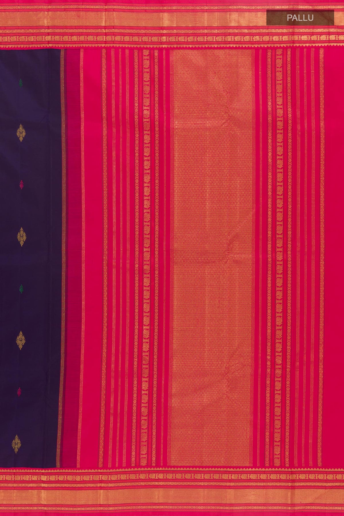 Close up image of the pallu of Navy Blue Kanjivaram Silk Saree with Zari And Thread Butta on the body and Zari Border. 
