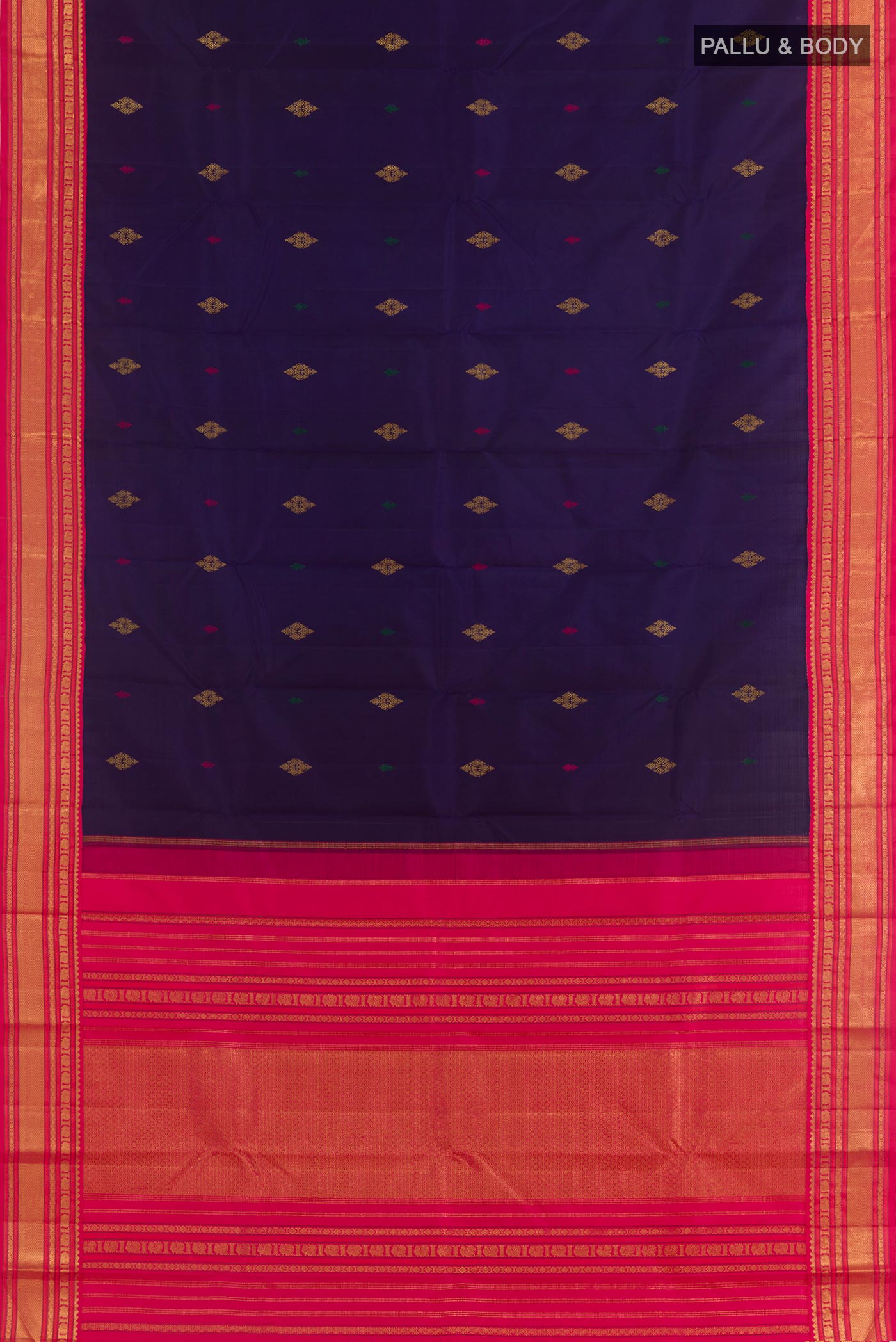 Flat view of Navy Blue Kanjivaram Silk Saree with Zari And Thread Butta on the body and Zari Border. 
