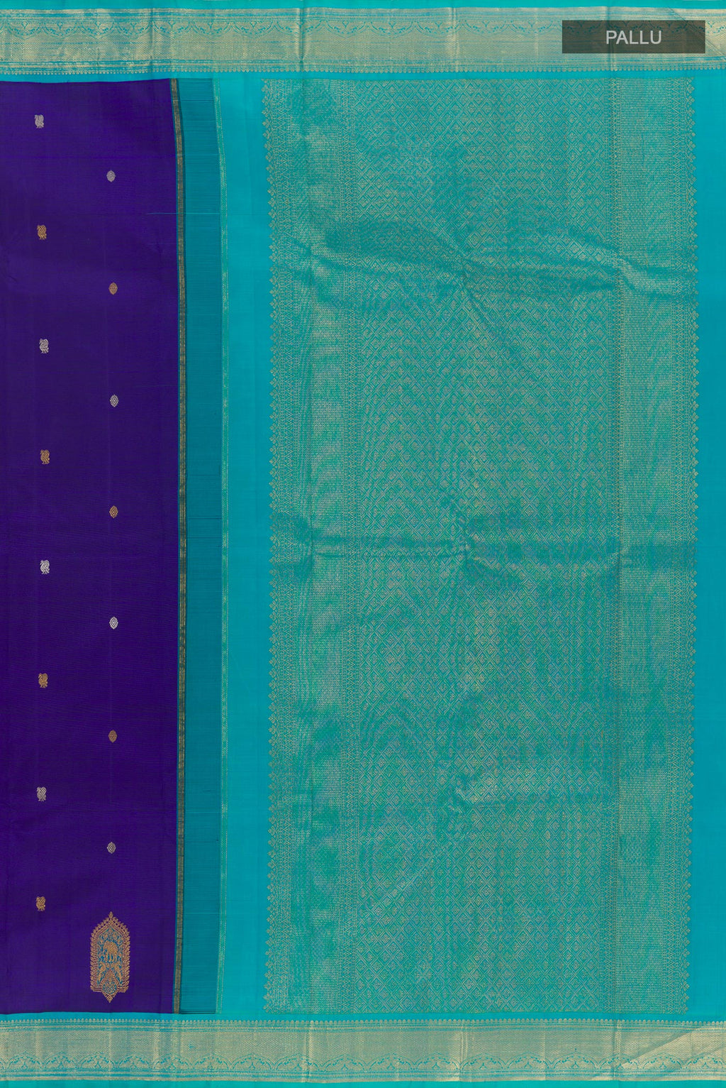 Close up image of the pallu of Blue Kanjivaram Silk Saree with Zari Butta on the body and Zari Border. 