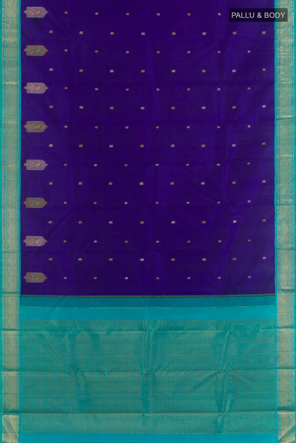 Flat view of Blue Kanjivaram Silk Saree with Zari Butta on the body and Zari Border. 