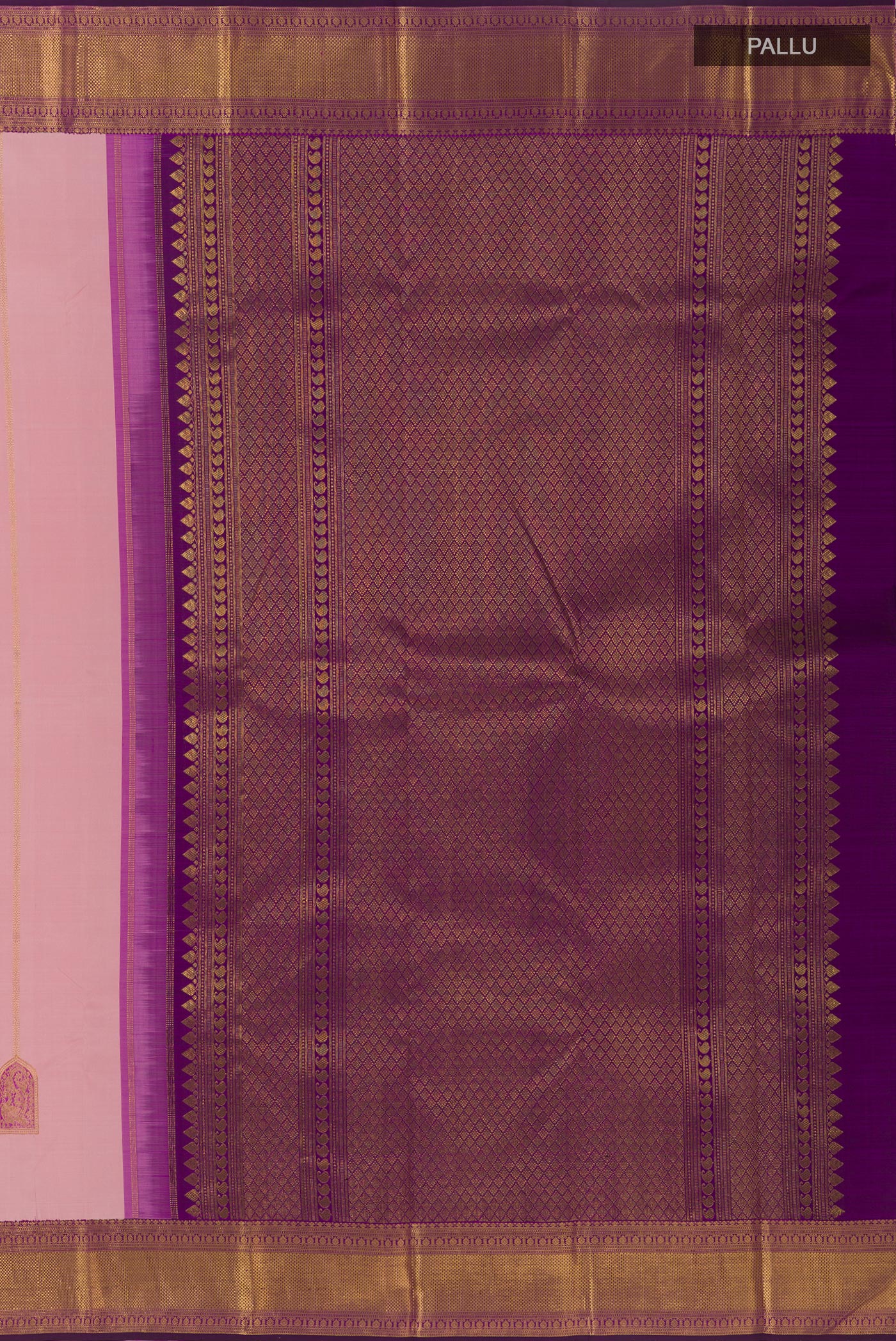 Close up image of the pallu of Rose pink Kanchipuram Silk Saree with Zari Butta on the body and Zari Border. 