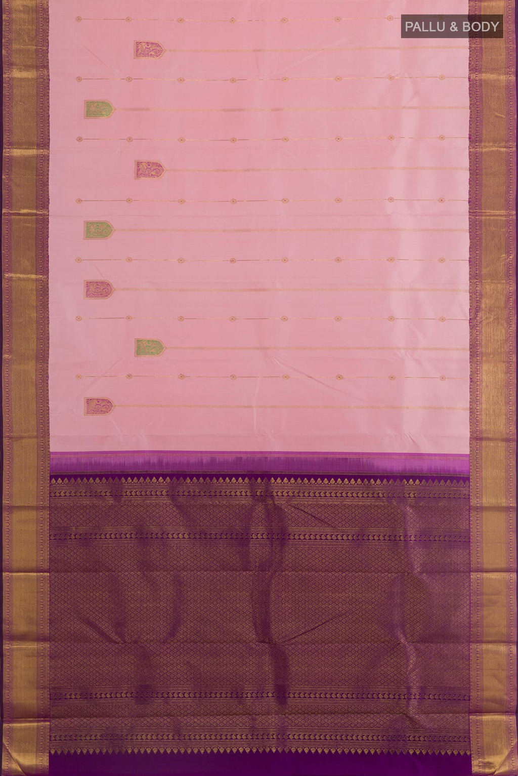 Flat view of Rose pink Kanchipuram Silk Saree with Zari Butta on the body and Zari Border. 