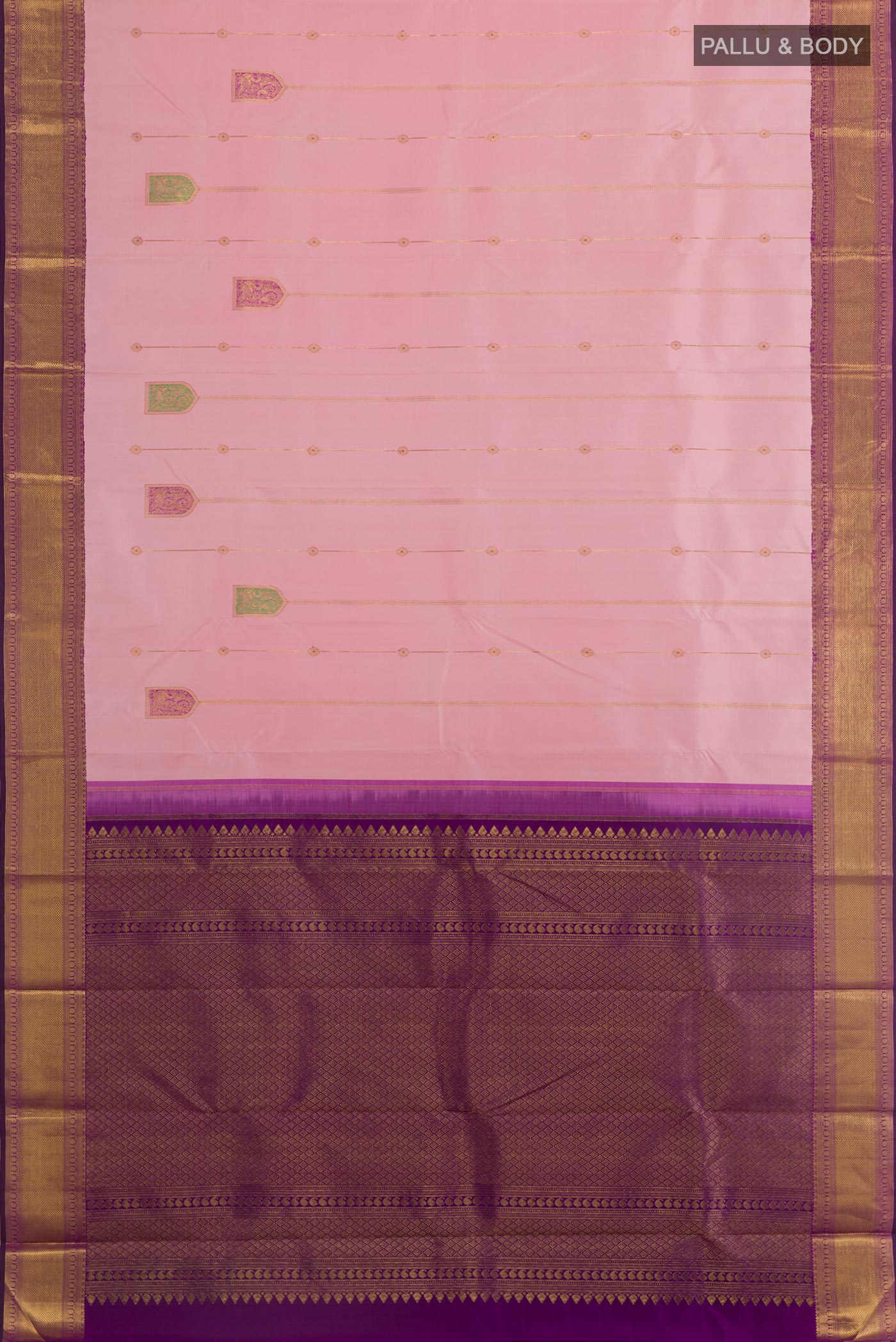Flat view of Rose pink Kanchipuram Silk Saree with Zari Butta on the body and Zari Border. 