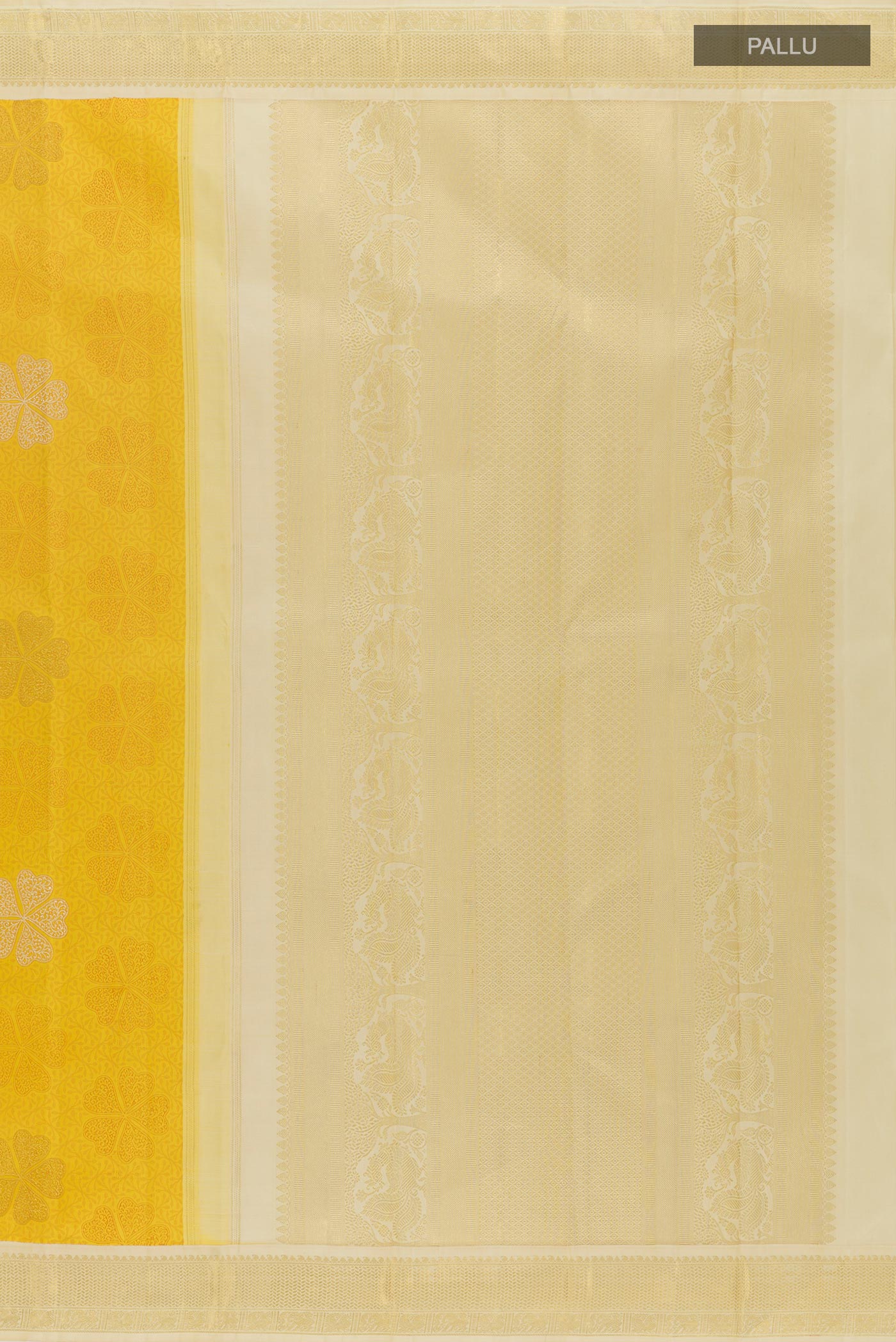 Close up image of the pallu of Yellow Kanchipuram Silk Saree with Jacquard With Zari Butta on the body and Zari Border. 