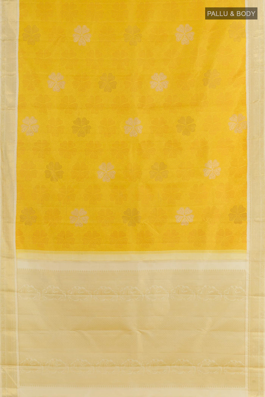Flat view of Yellow Kanchipuram Silk Saree with Jacquard With Zari Butta on the body and Zari Border. 