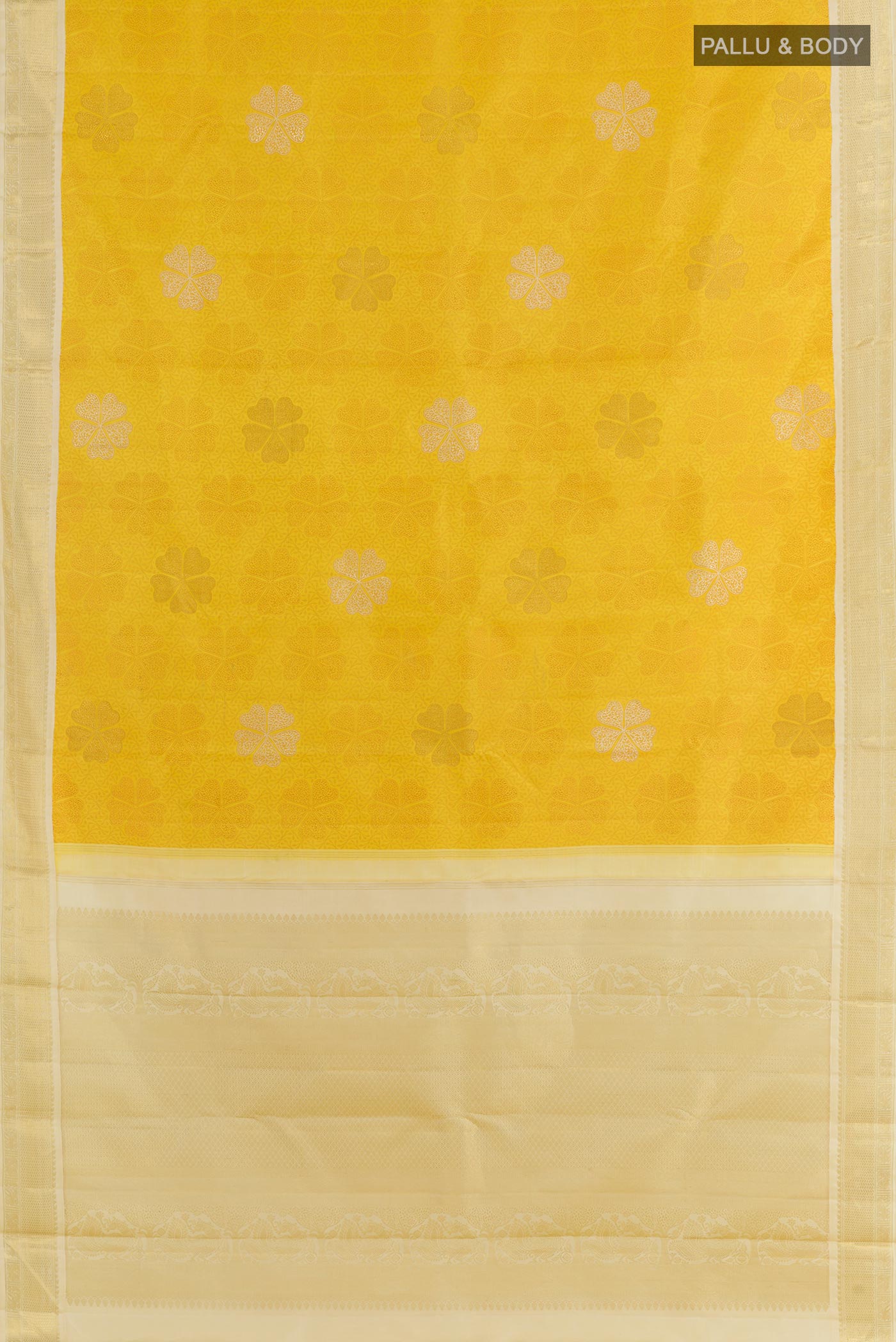 Flat view of Yellow Kanchipuram Silk Saree with Jacquard With Zari Butta on the body and Zari Border. 