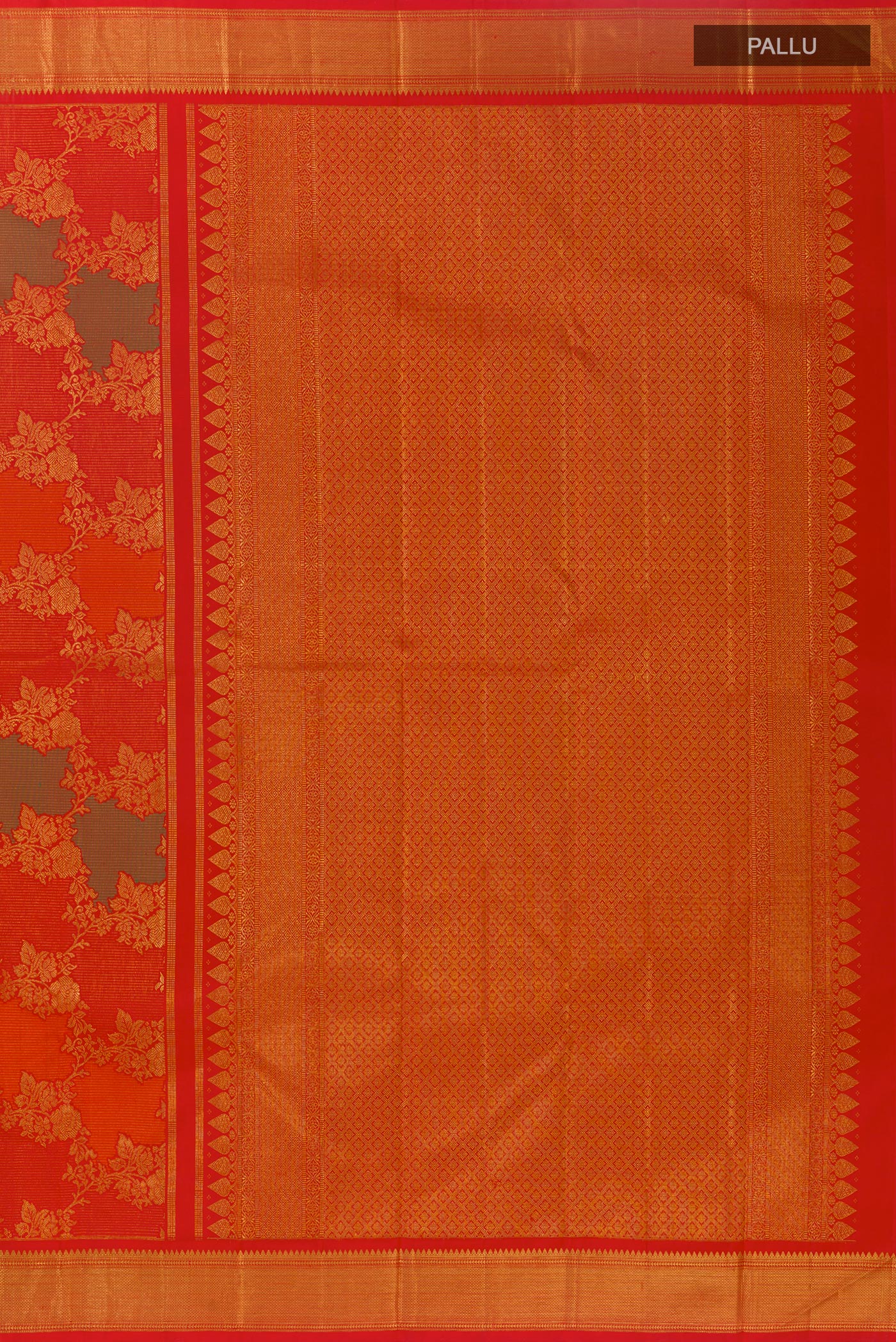 Close up image of the pallu of Multi Color Kanchipuram Silk Saree with Zari Brocade on the body and Zari Border. 