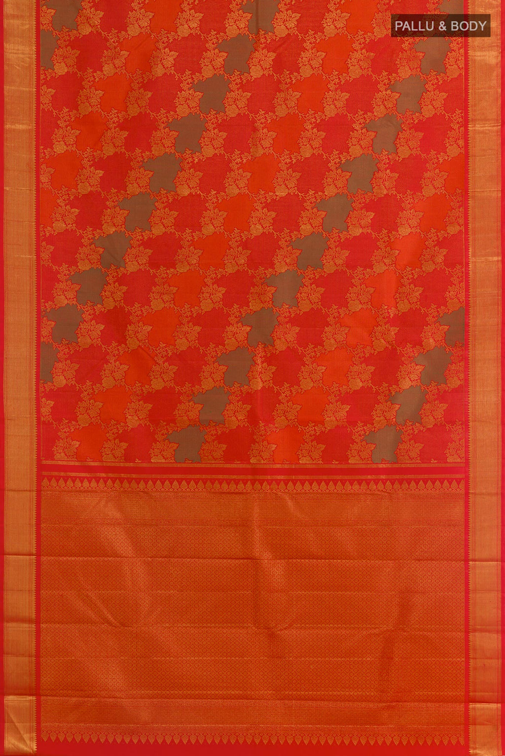 Flat view of Multi Color Kanchipuram Silk Saree with Zari Brocade on the body and Zari Border. 