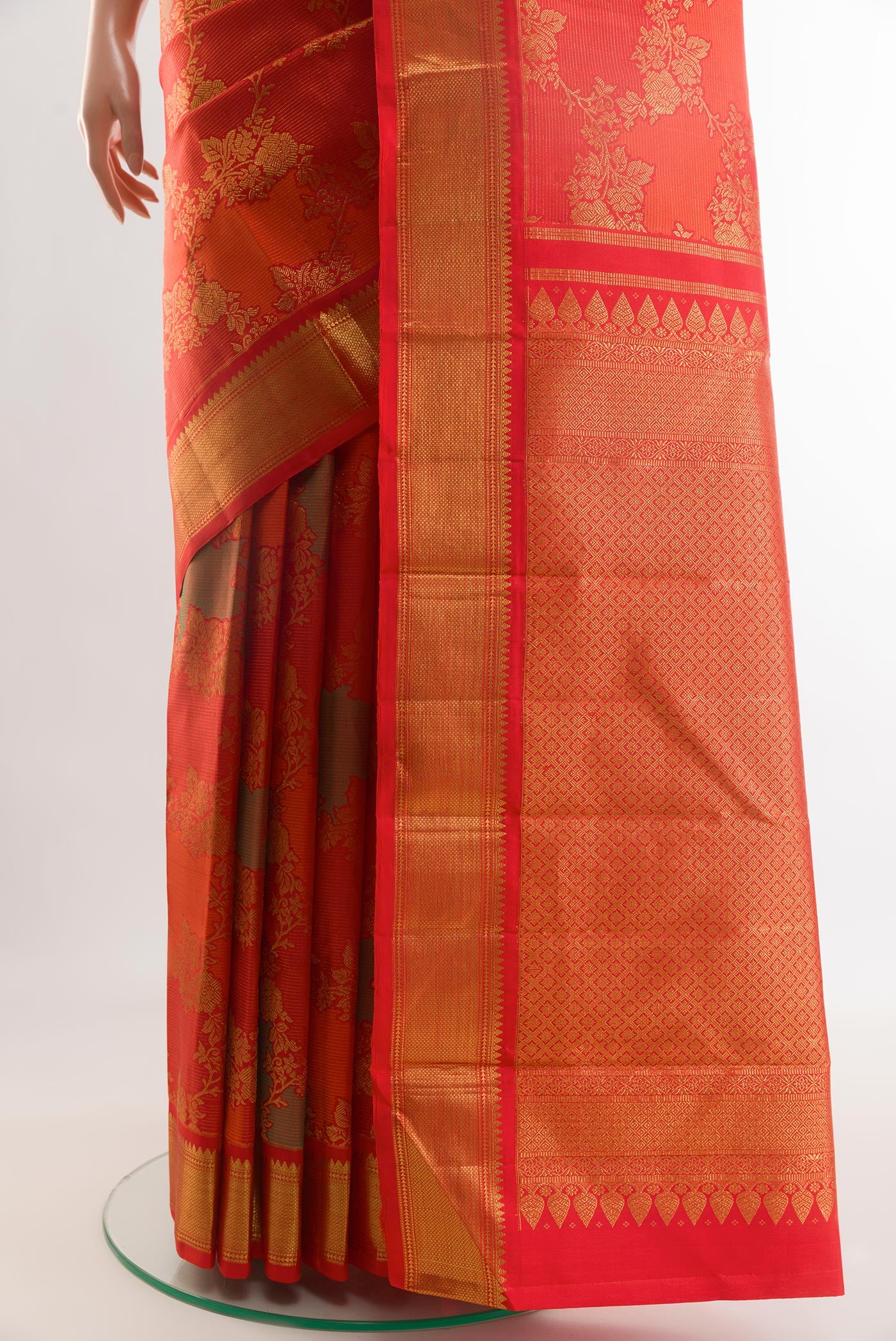 Pleats and pallu of Multi Color Kanchipuram Silk Saree with Zari Brocade on the body and Zari Border. 