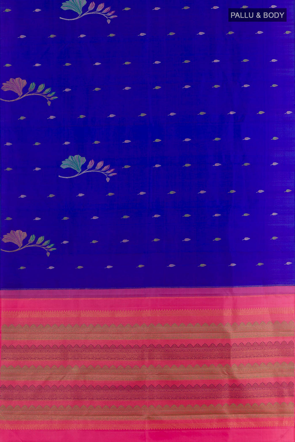 Flat view of Royal Blue Kanjivaram Silk Saree with Zari Butta on the body and Without Border. 