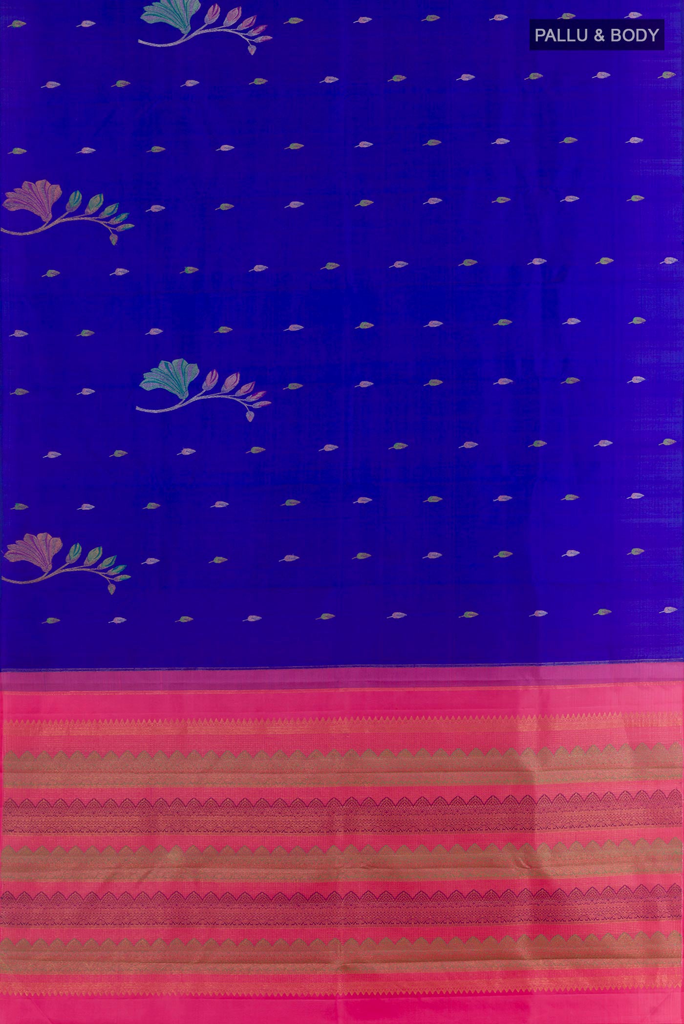Flat view of Royal Blue Kanjivaram Silk Saree with Zari Butta on the body and Without Border. 