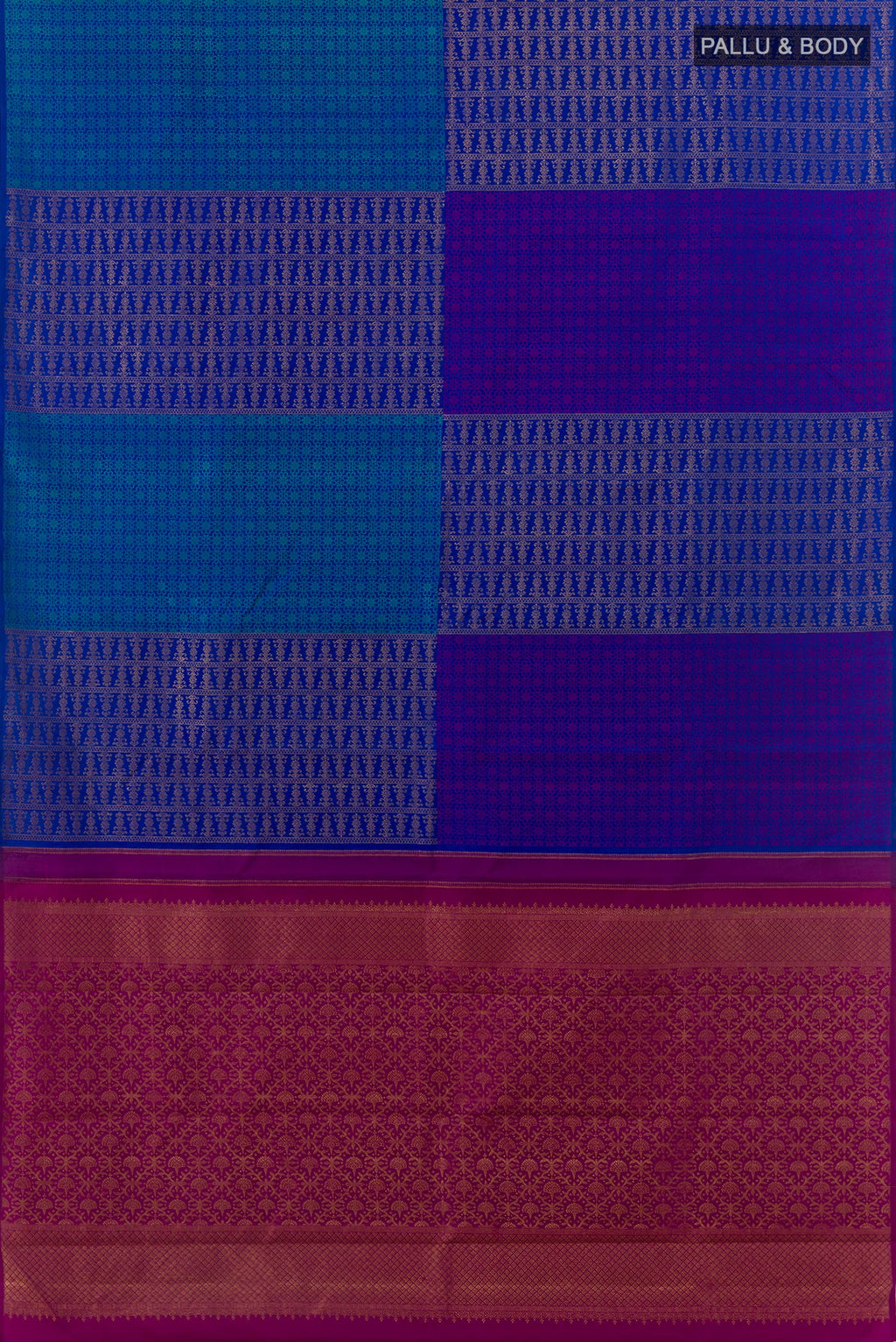 Flat view of Blue Kanjivaram Silk Saree with Zari Brocade on the body and Zari Border. 